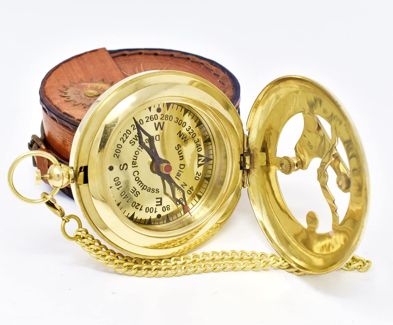 Polished Brass Sundial Compass with Red Leather Case view 6