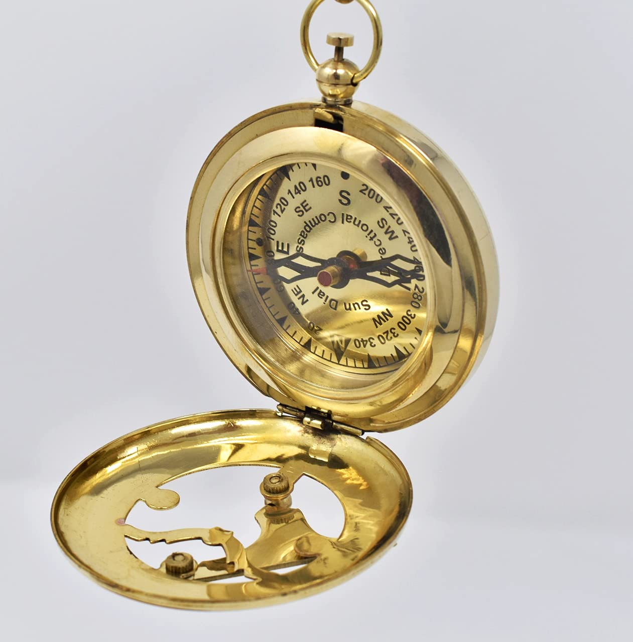 Polished Brass Sundial Compass with Red Leather Case view 8