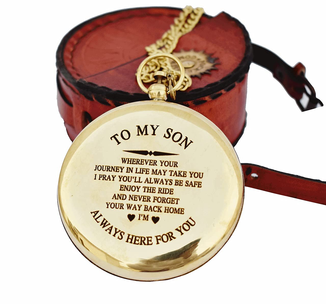 Polished Brass Sundial Compass with Red Leather Case view 11