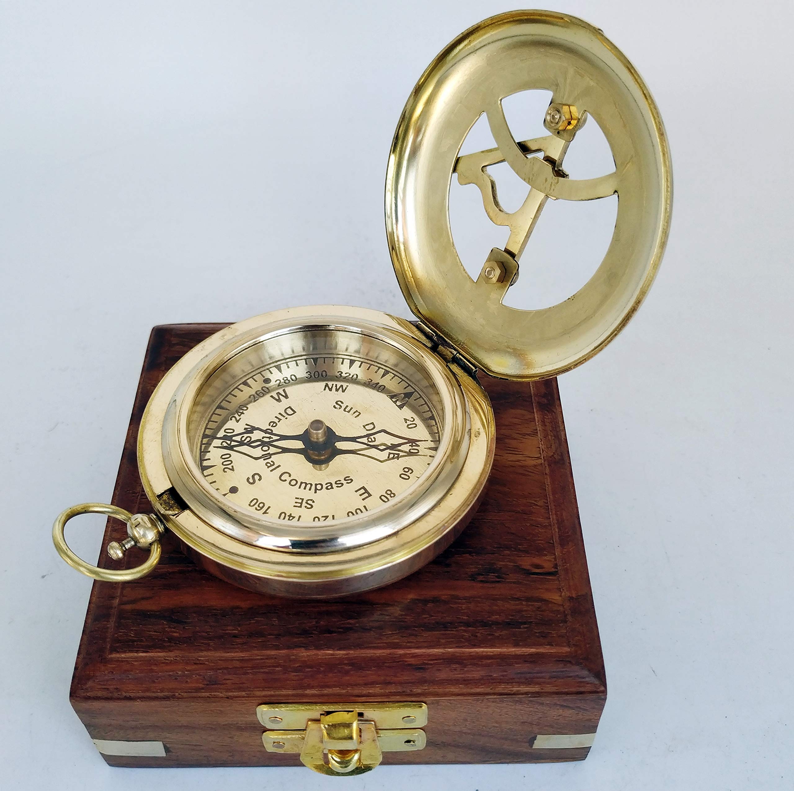 Antique Brass Sundial Compass with Wooden Box view 9