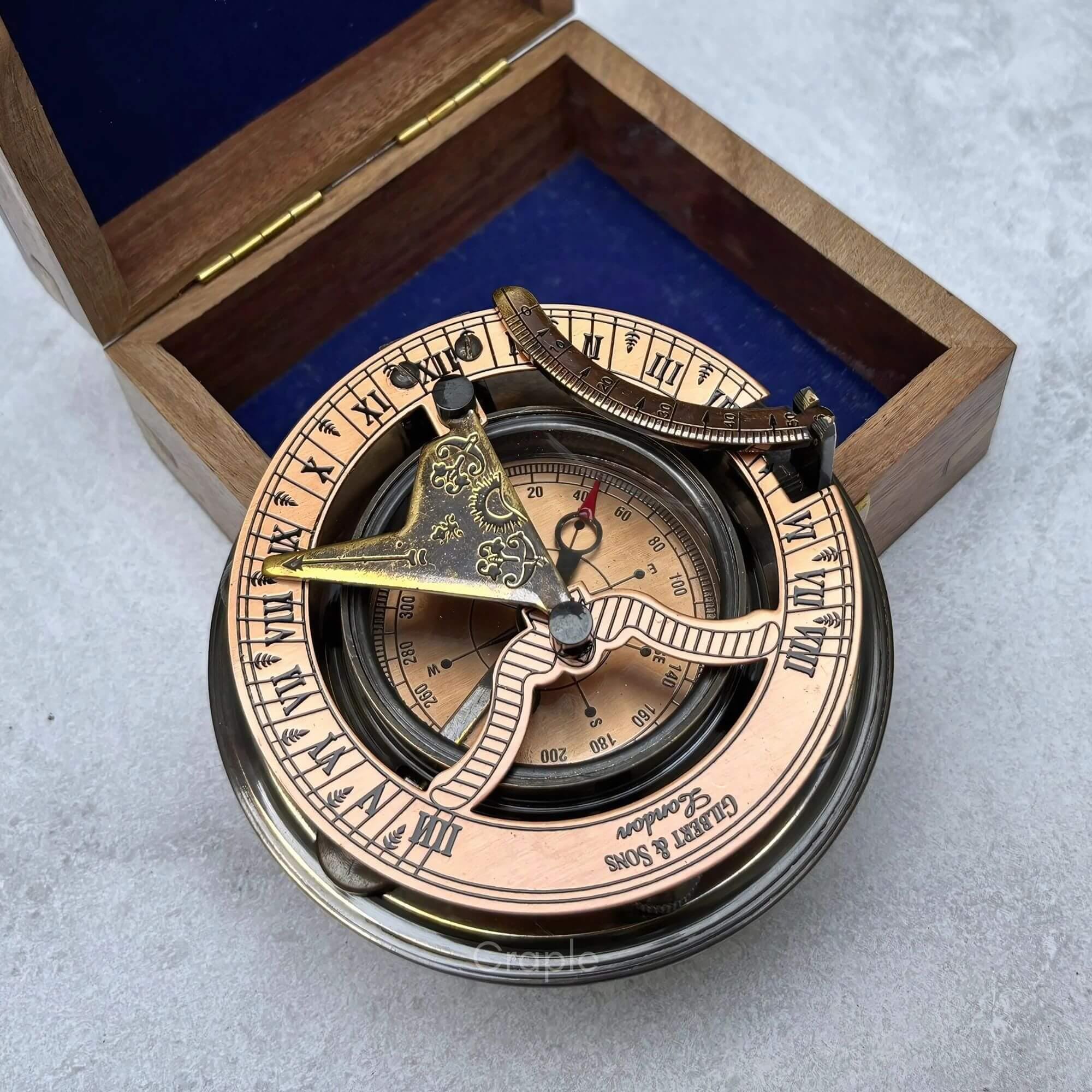 Antique Brass Sundial Compass with Fitted Wooden Presentation Box view 11