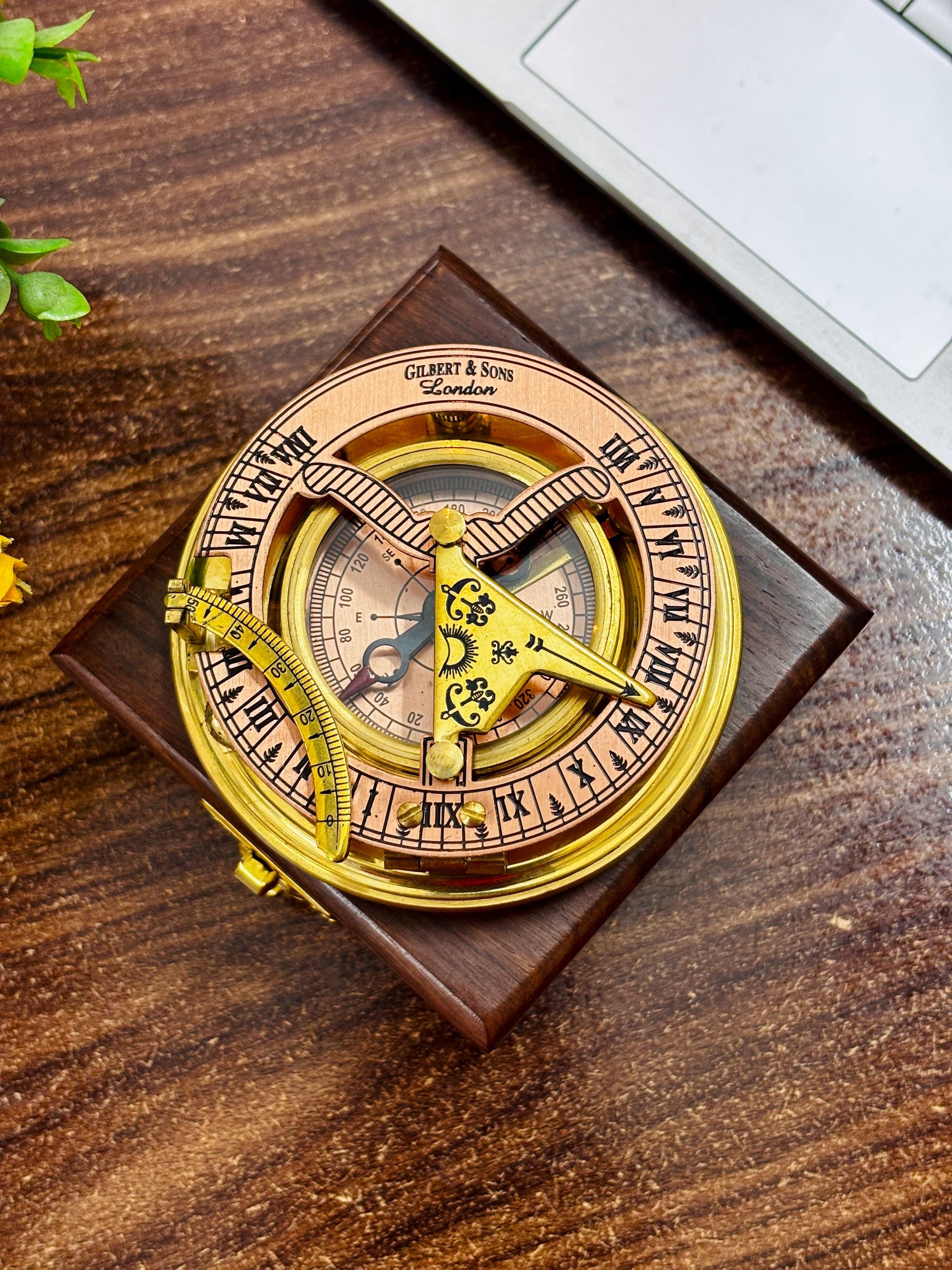 Black Antique Brass Sundial Compass with Black Wooden Presentation Box view 5
