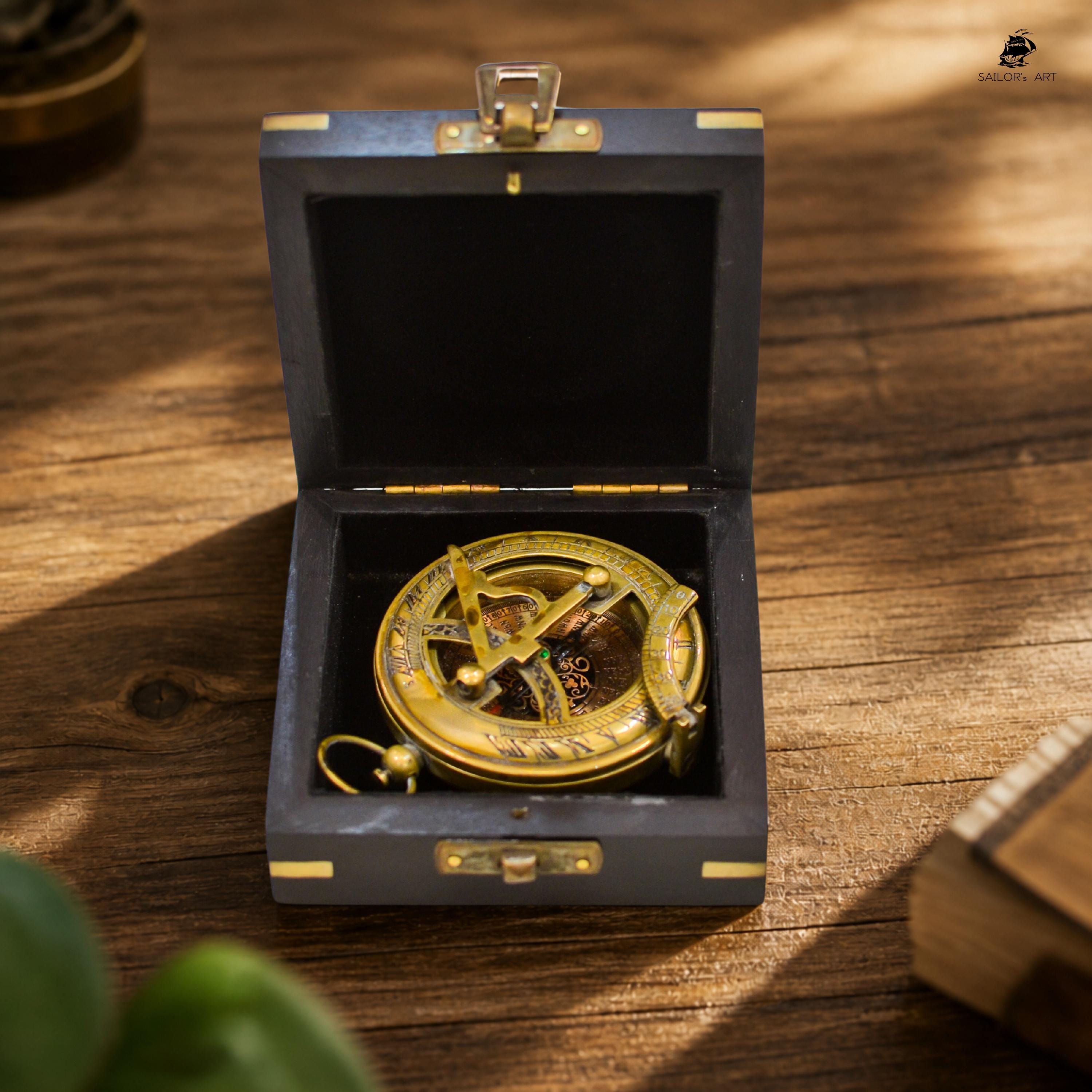 Antique Brass Sundial Compass with Fitted Wooden Presentation Box view 2