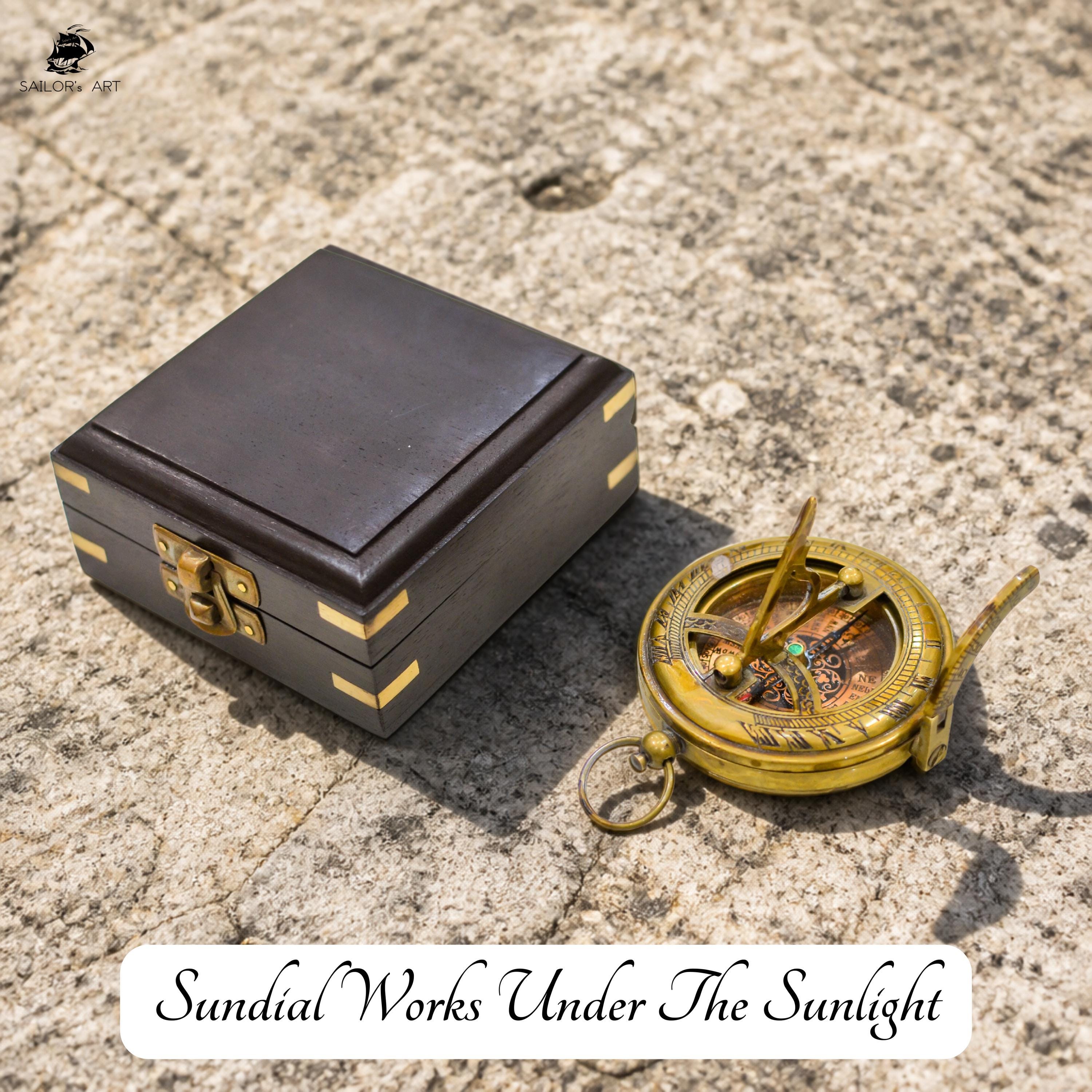 Antique Brass Sundial Compass with Fitted Wooden Presentation Box view 5