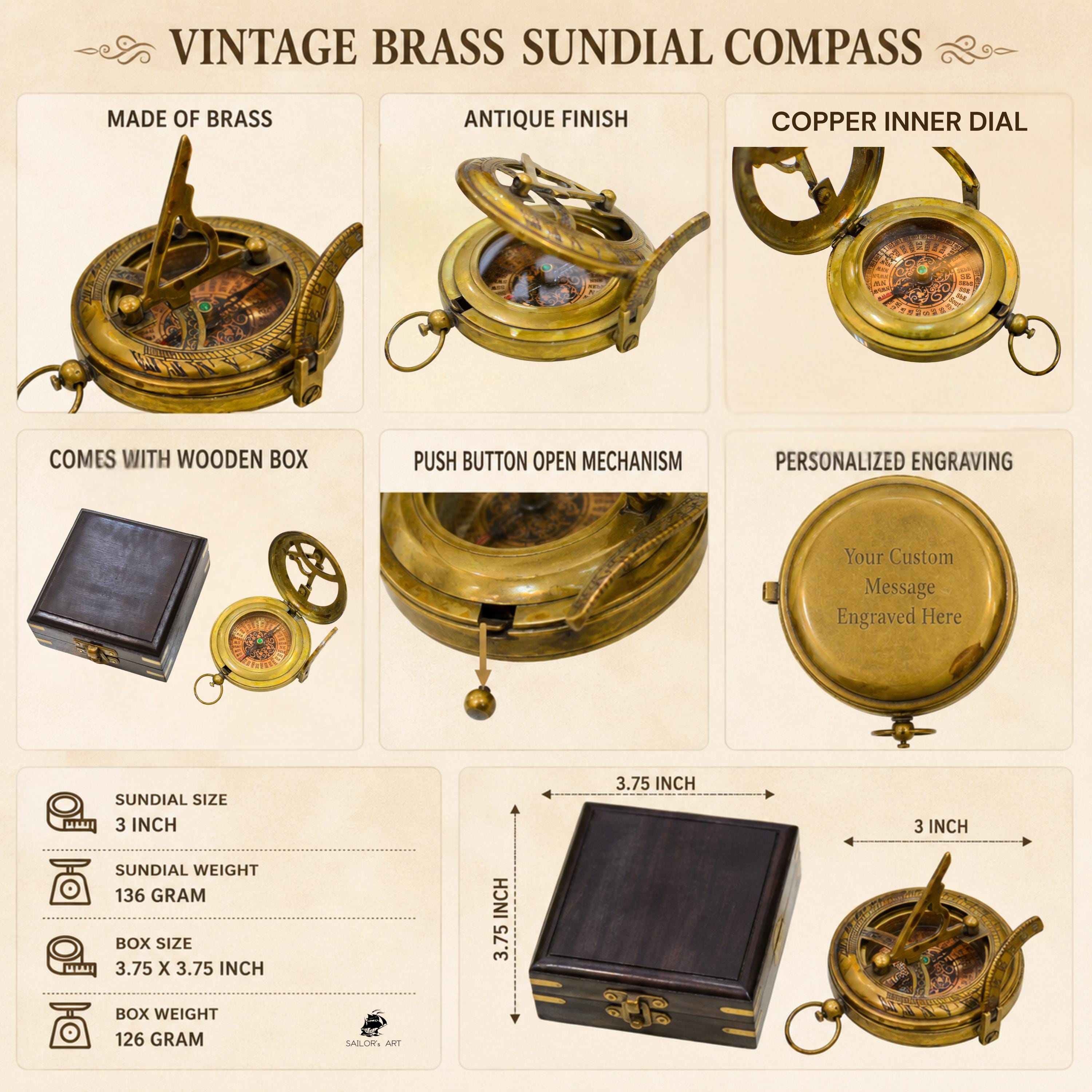 Antique Brass Sundial Compass with Fitted Wooden Presentation Box view 7