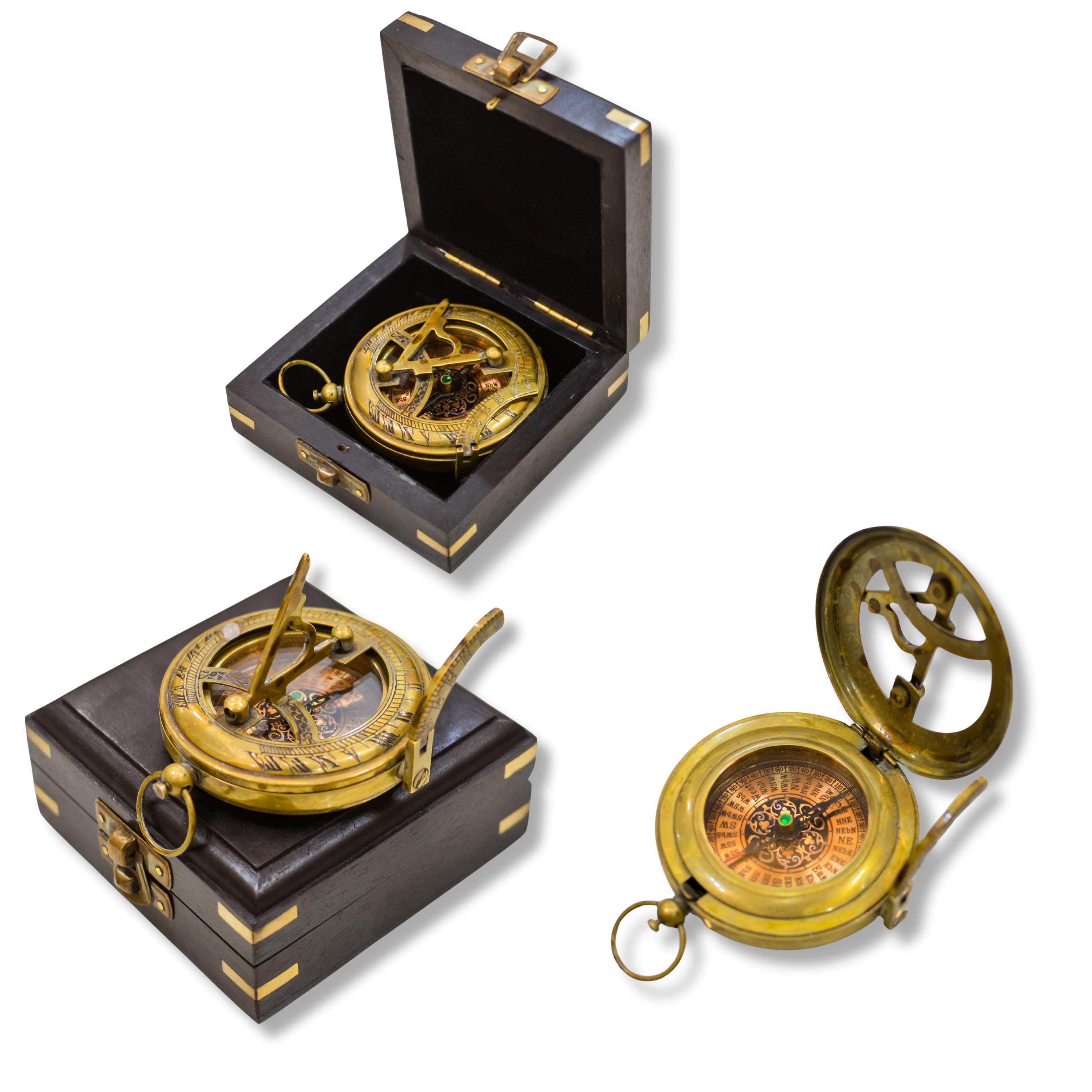 Antique Brass Sundial Compass with Fitted Wooden Presentation Box view 11