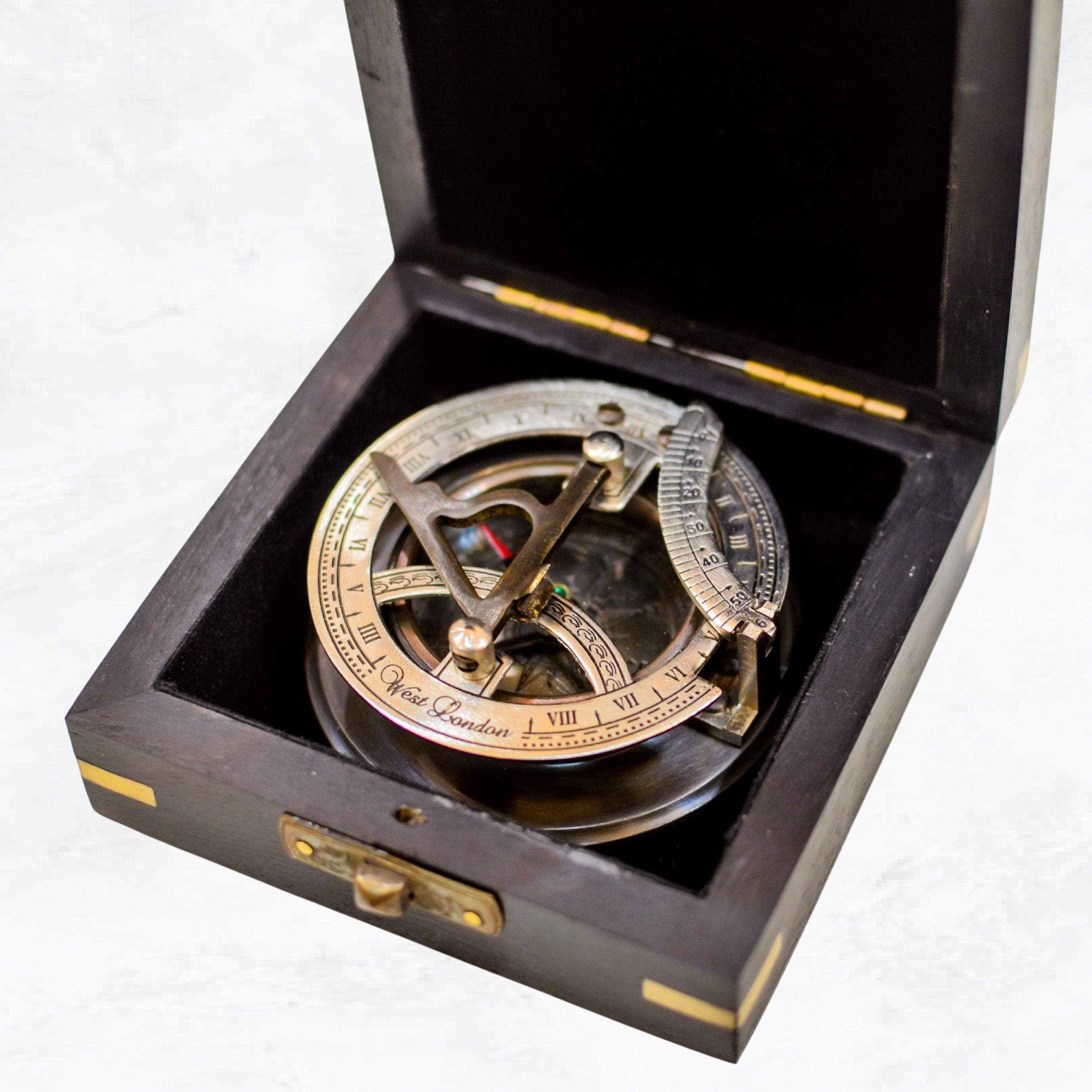 Black Antique Brass Sundial Compass with Black Wooden Presentation Box view 3