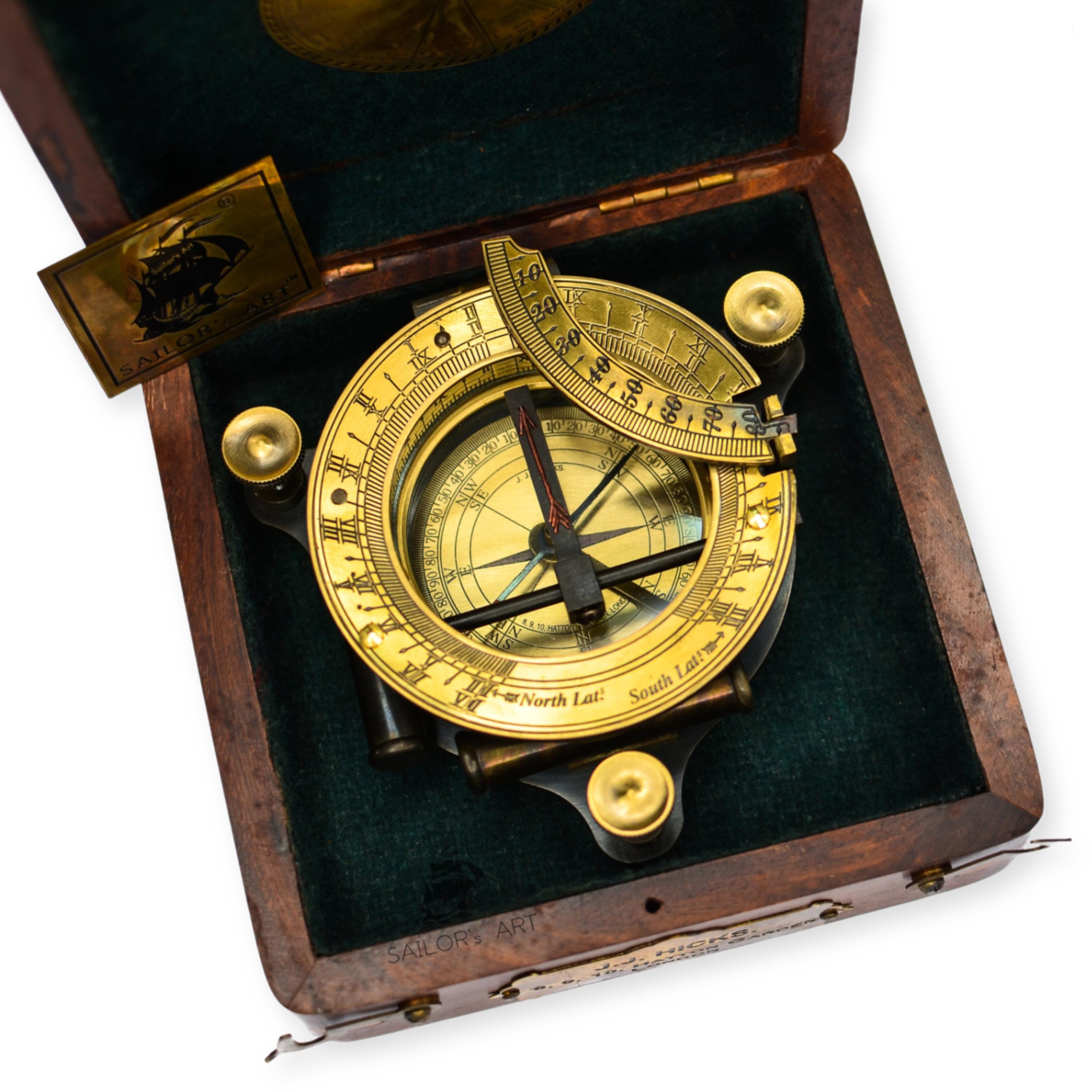 Antique Brass Sundial Compass with Velvet-Lined Wooden Presentation Box view 2