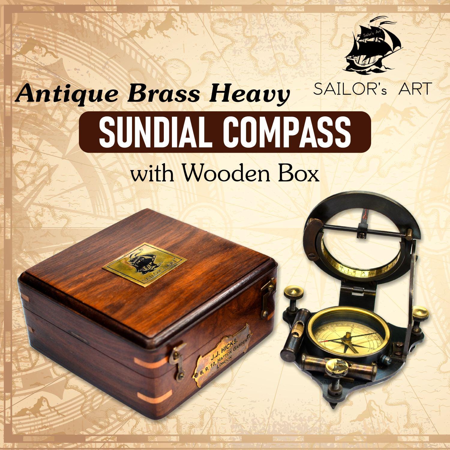 Antique Brass Sundial Compass with Velvet-Lined Wooden Presentation Box view 3