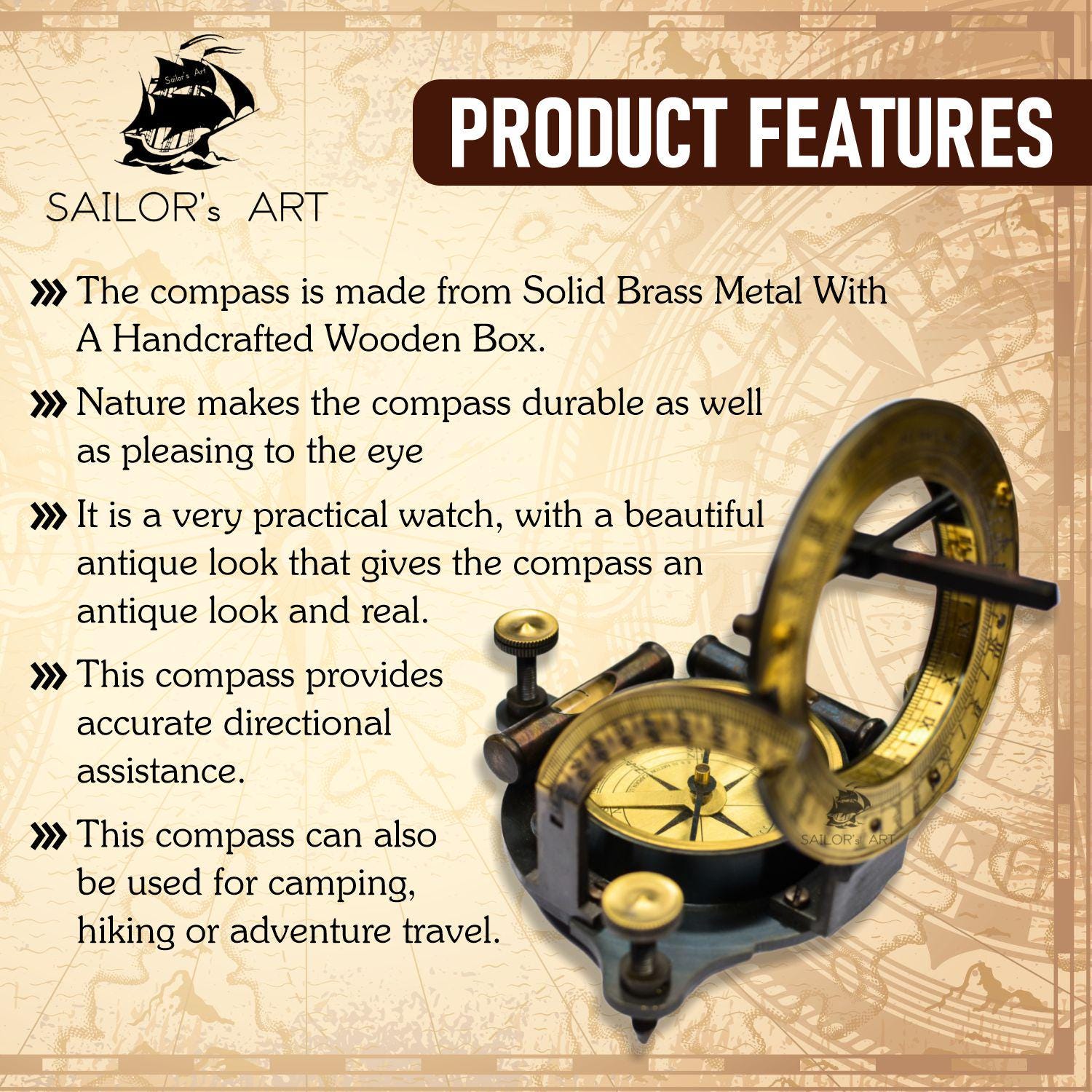 Antique Brass Sundial Compass with Velvet-Lined Wooden Presentation Box view 4