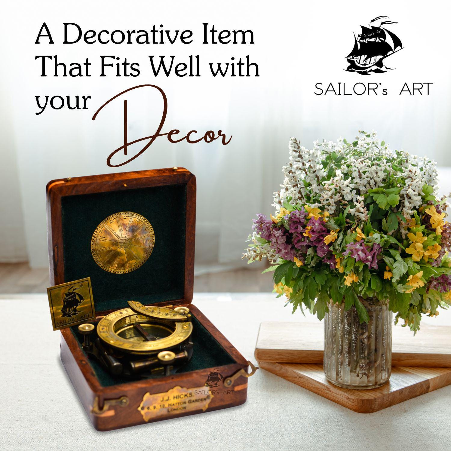 Antique Brass Sundial Compass with Velvet-Lined Wooden Presentation Box view 8