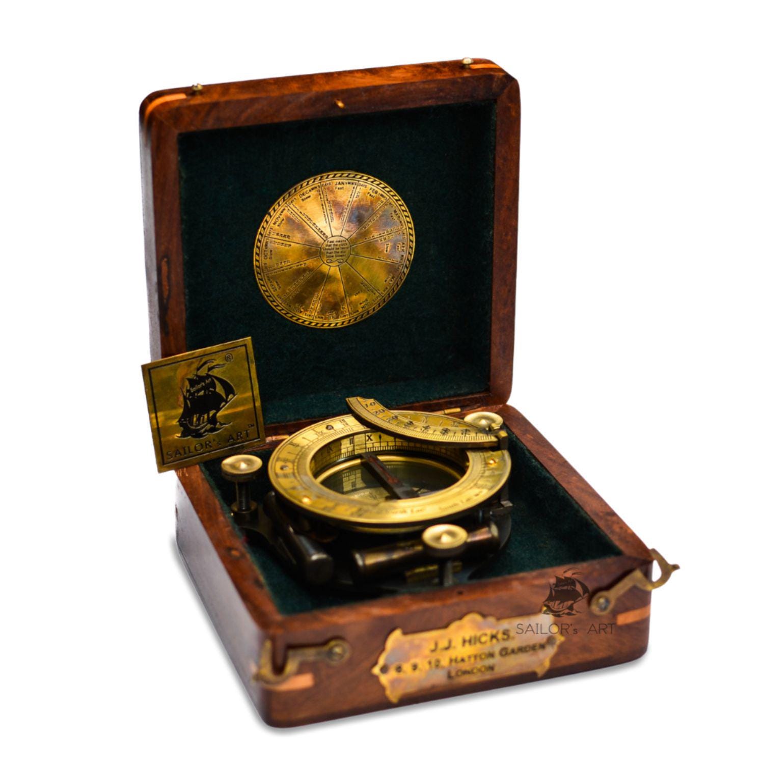 Antique Brass Sundial Compass with Velvet-Lined Wooden Presentation Box view 10