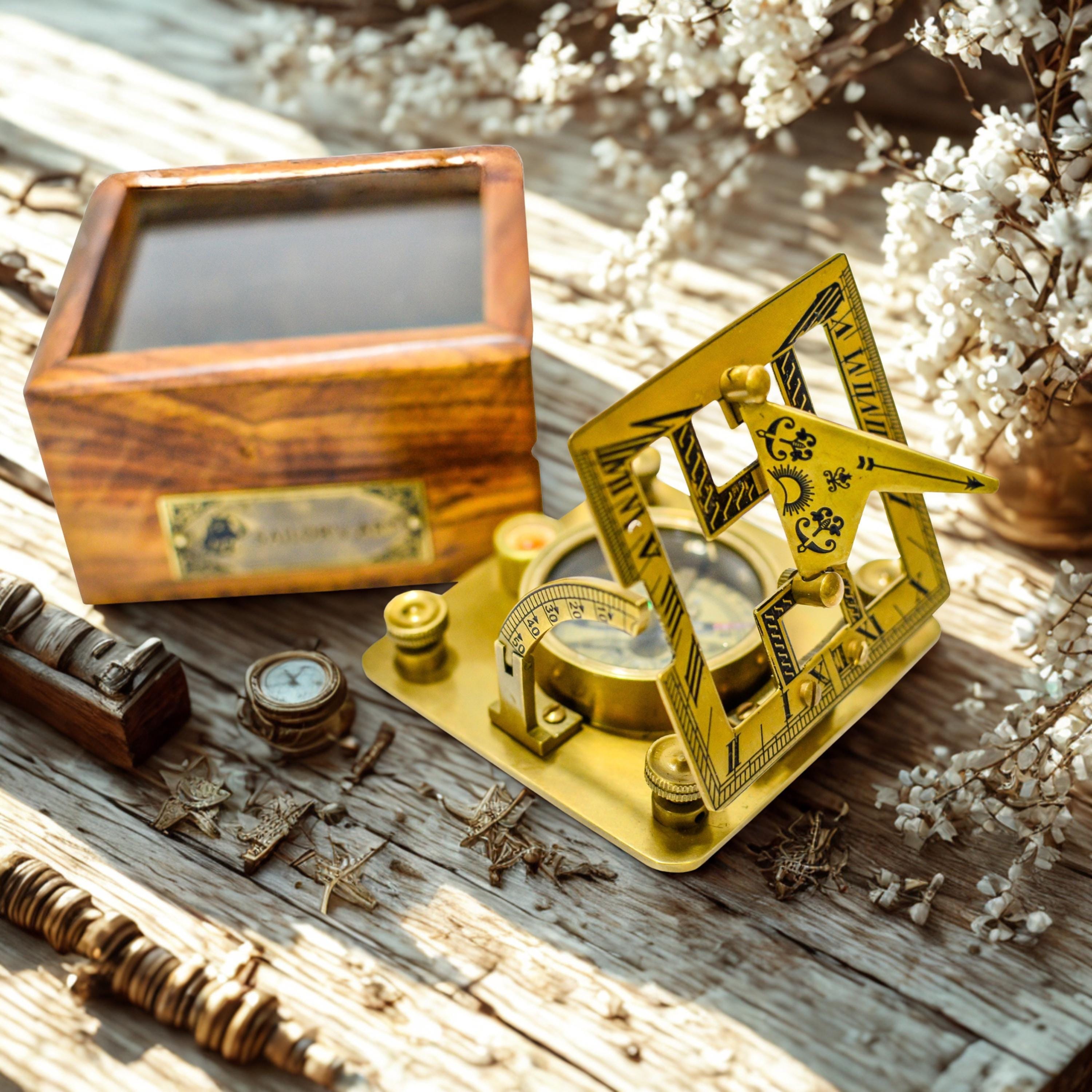 Antique Brass Sundial Compass with Glass-Topped Wooden Presentation Box view 4
