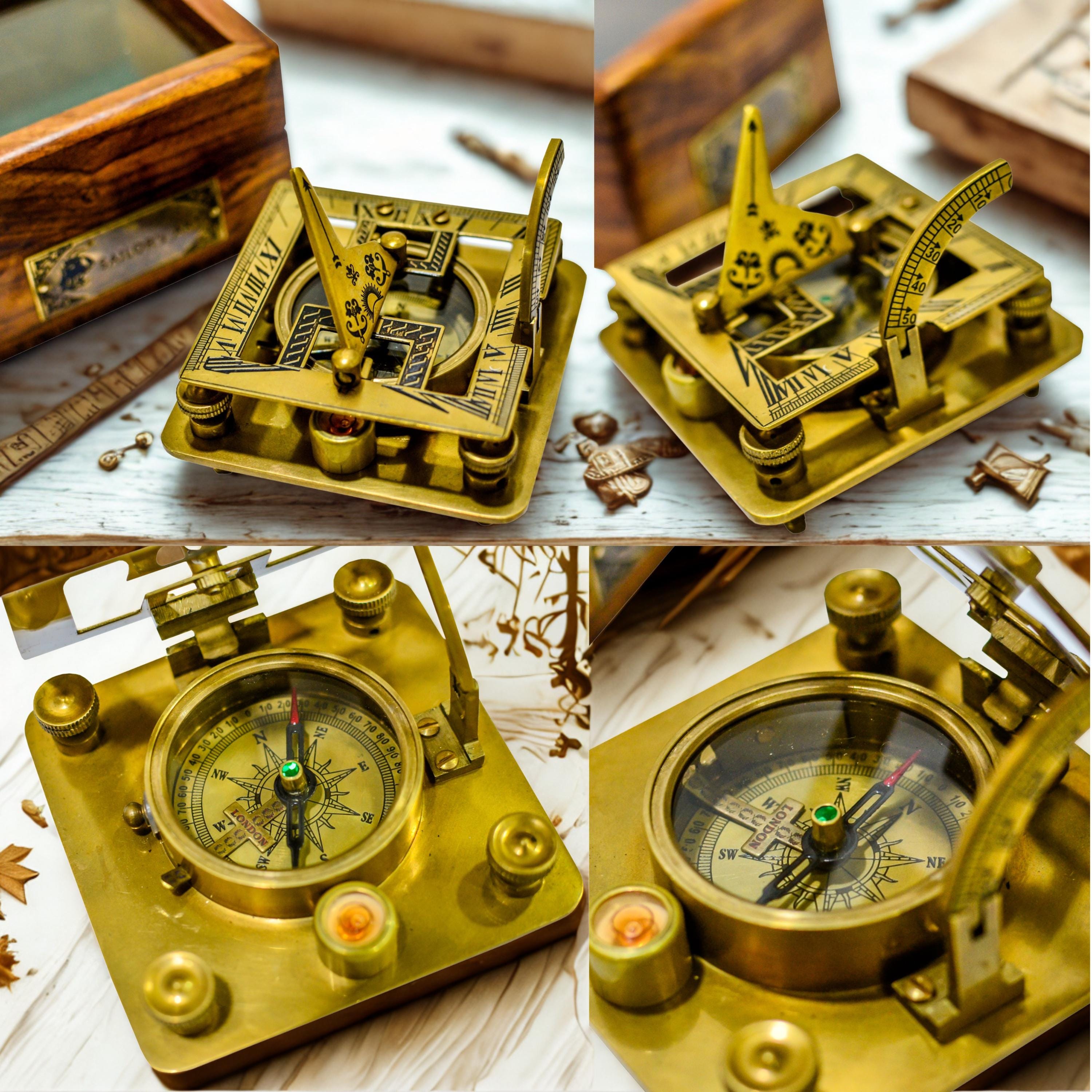 Antique Brass Sundial Compass with Glass-Topped Wooden Presentation Box view 5