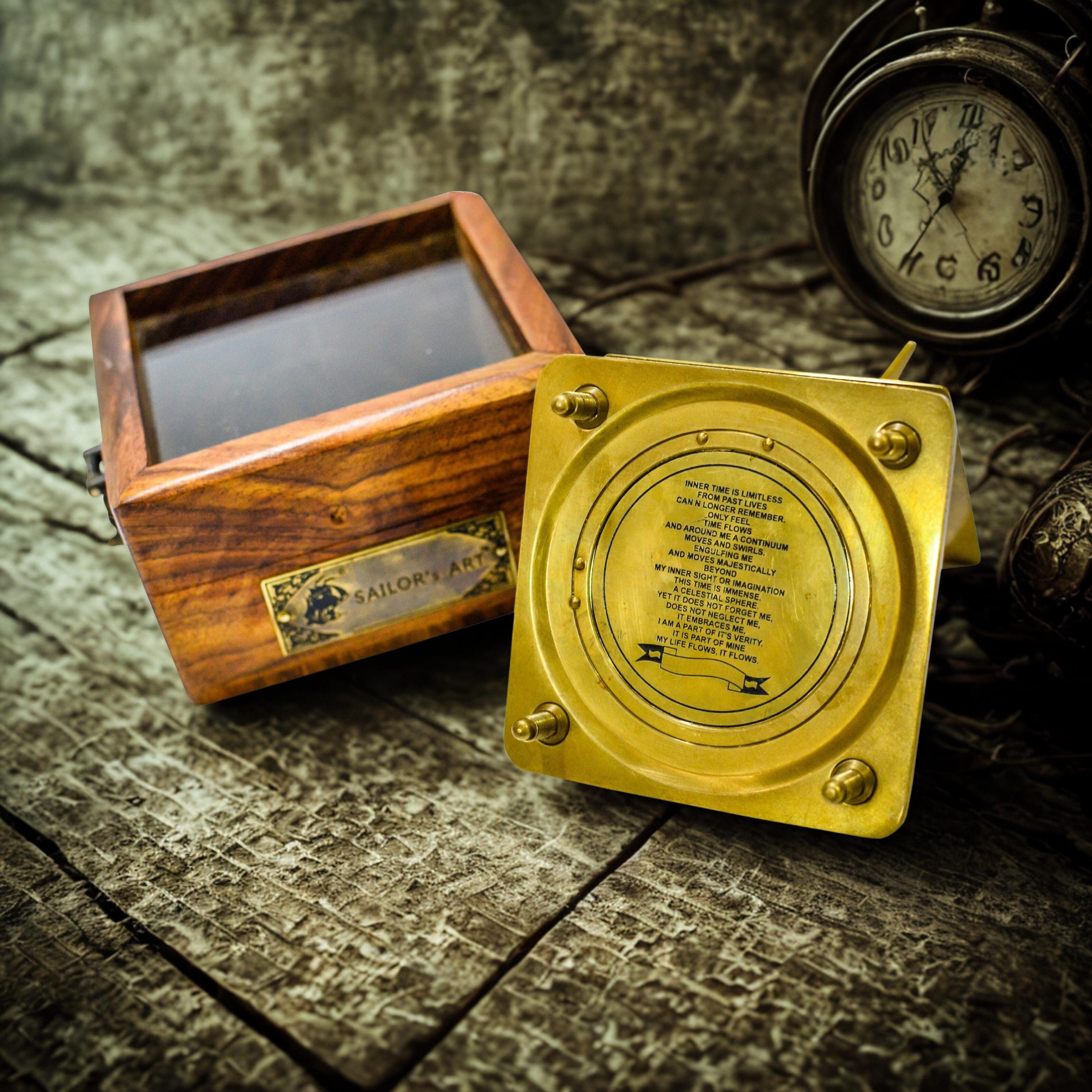 Antique Brass Sundial Compass with Glass-Topped Wooden Presentation Box view 6
