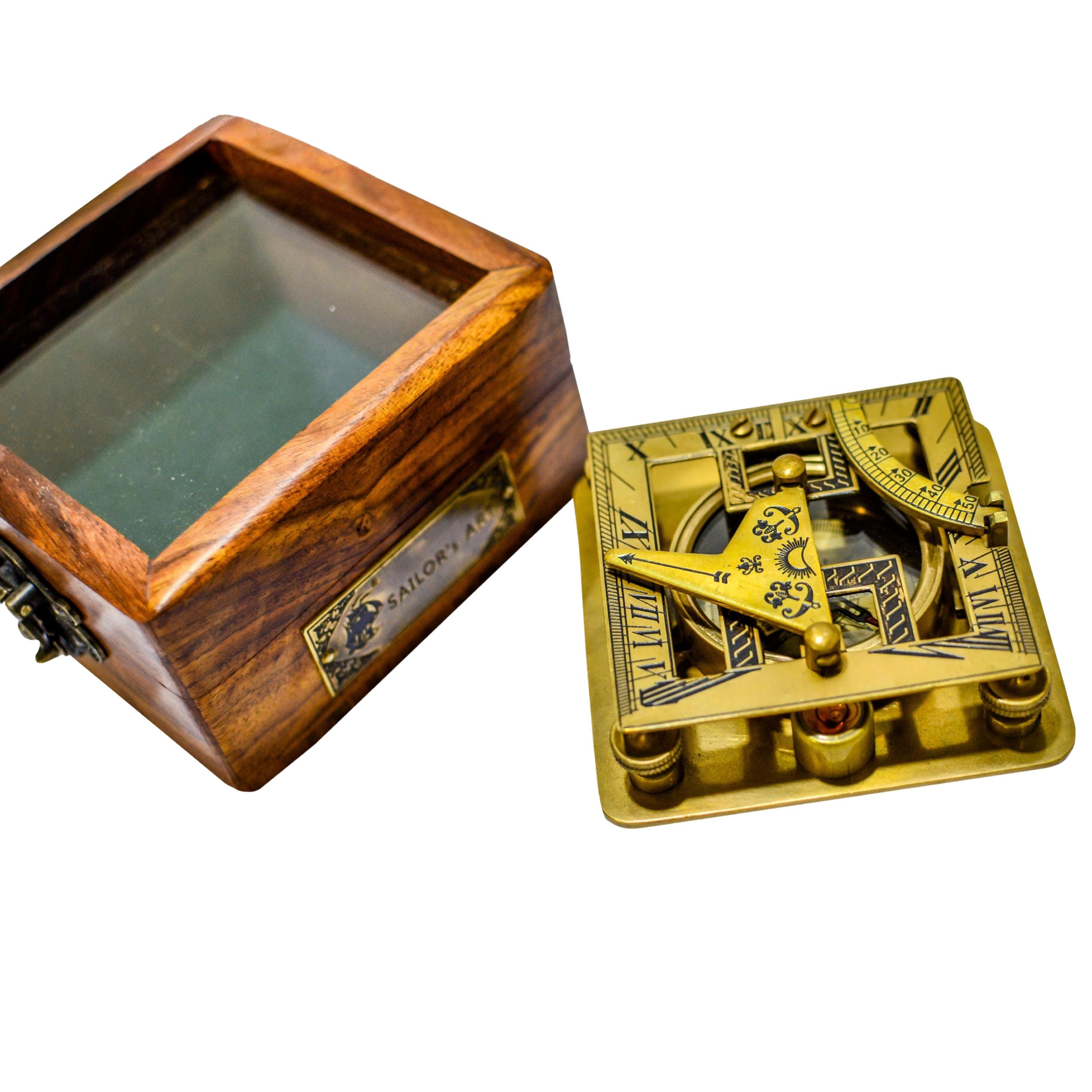 Antique Brass Sundial Compass with Glass-Topped Wooden Presentation Box view 7