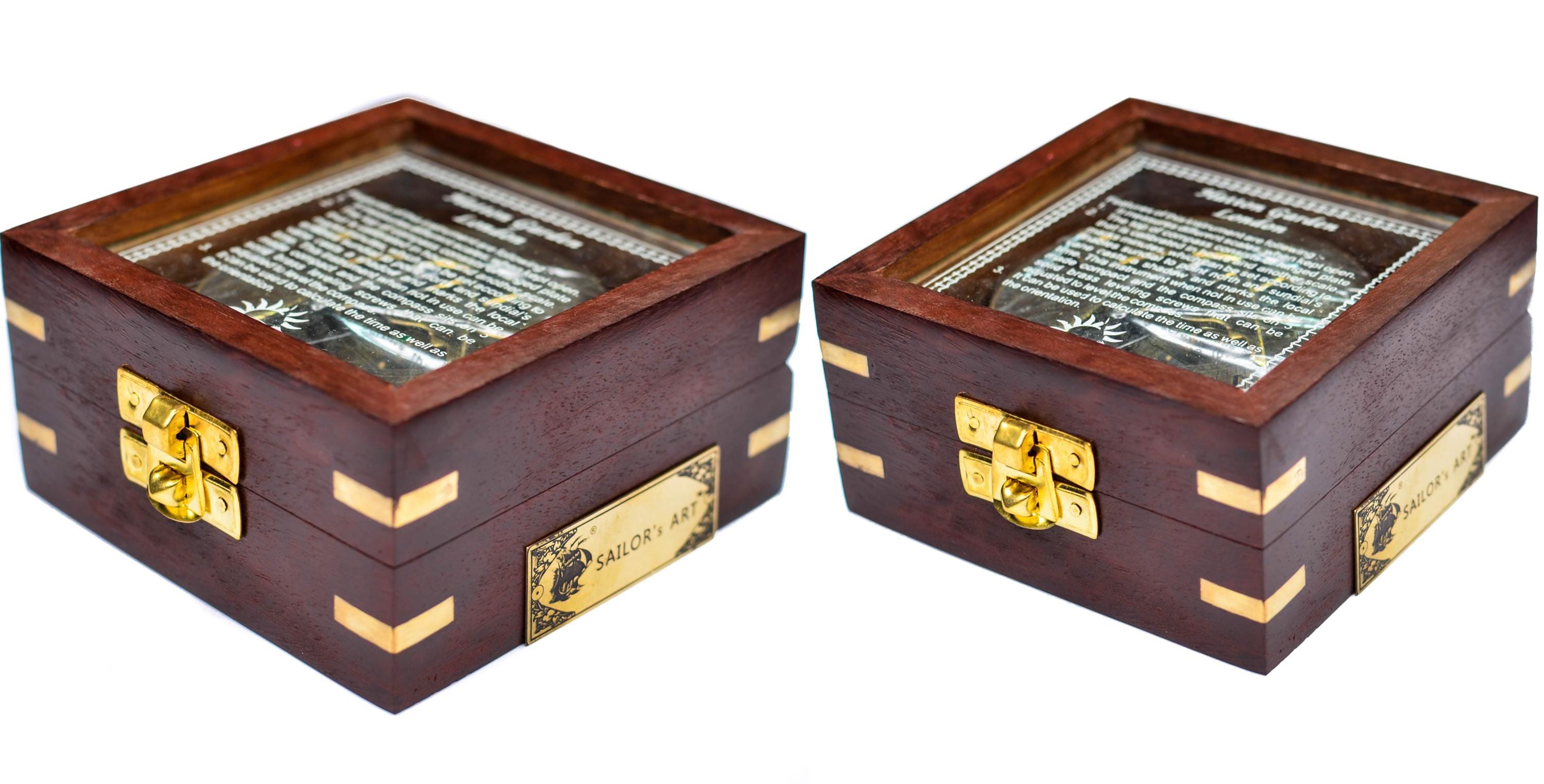Black Antique Brass Sundial Compass with Glass-Topped Wooden Presentation Box view 2