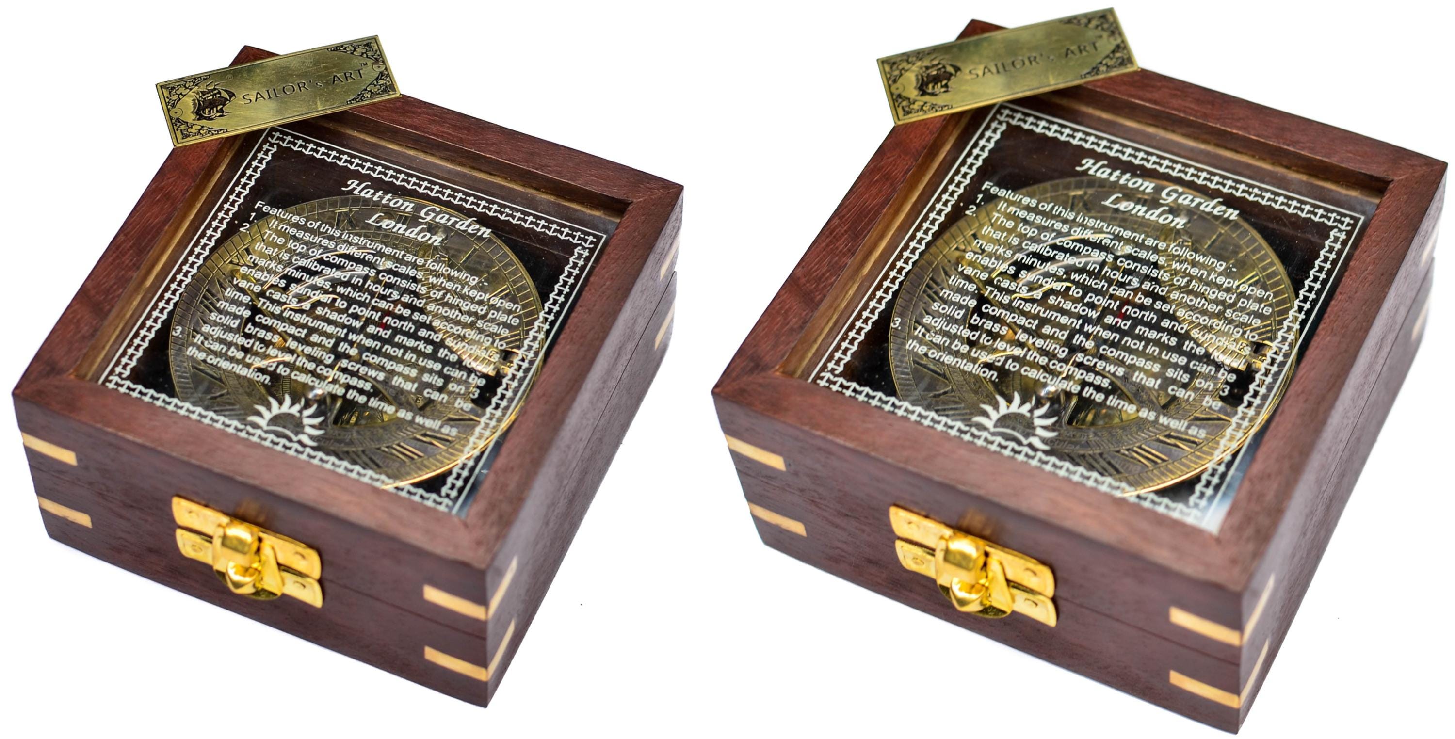 Black Antique Brass Sundial Compass with Glass-Topped Wooden Presentation Box view 3