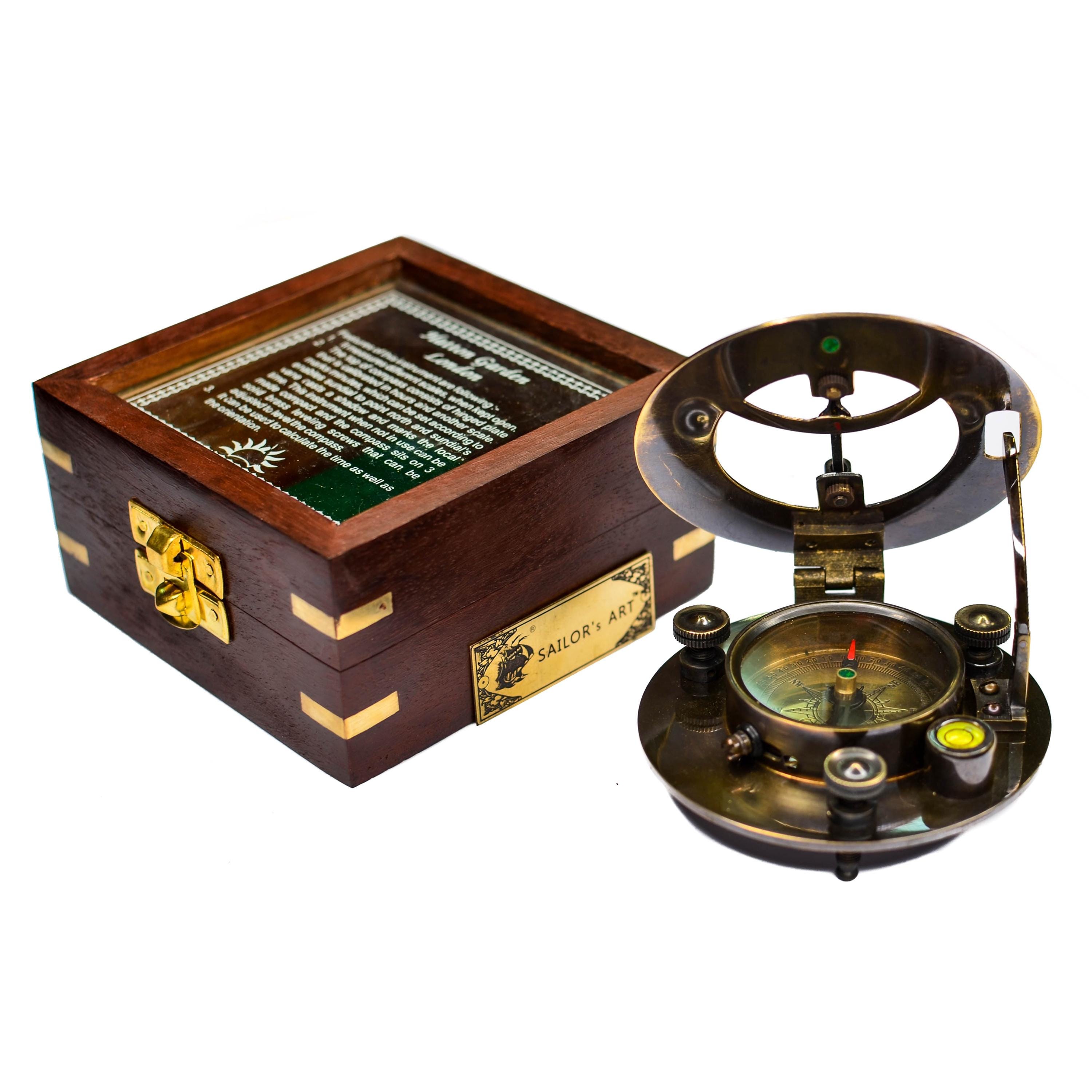 Black Antique Brass Sundial Compass with Glass-Topped Wooden Presentation Box view 9
