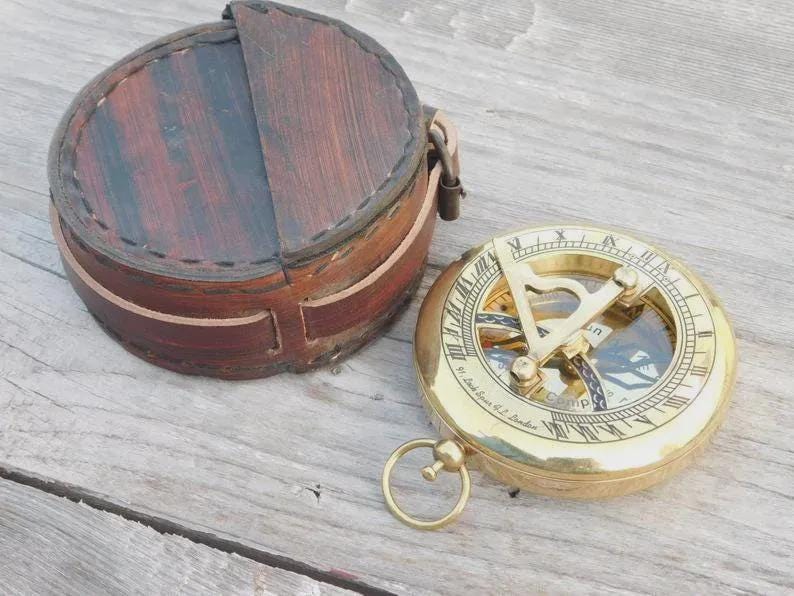 Antique Brass Sundial Compass with Leather Case view 2