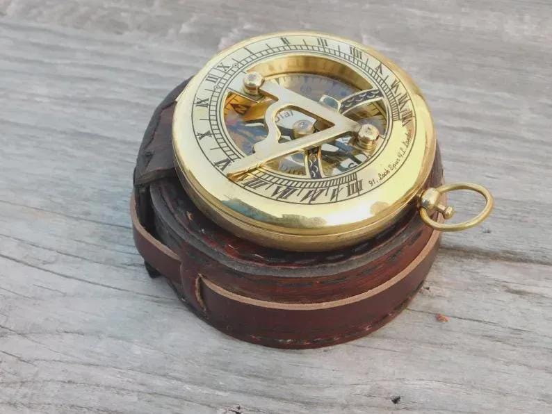 Antique Brass Sundial Compass with Leather Case view 7