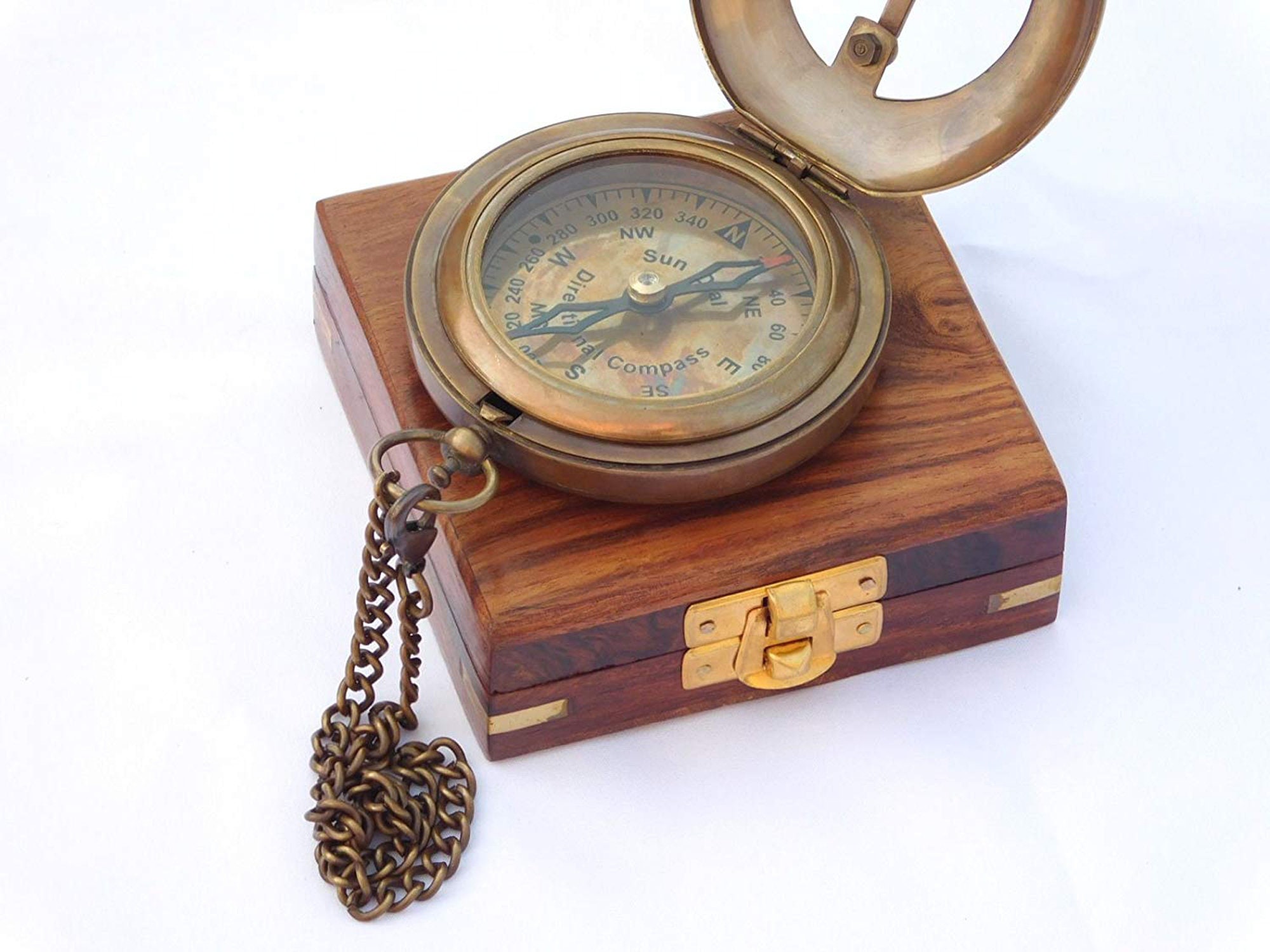 Antique Brass Sundial Compass with Wooden Box view 3