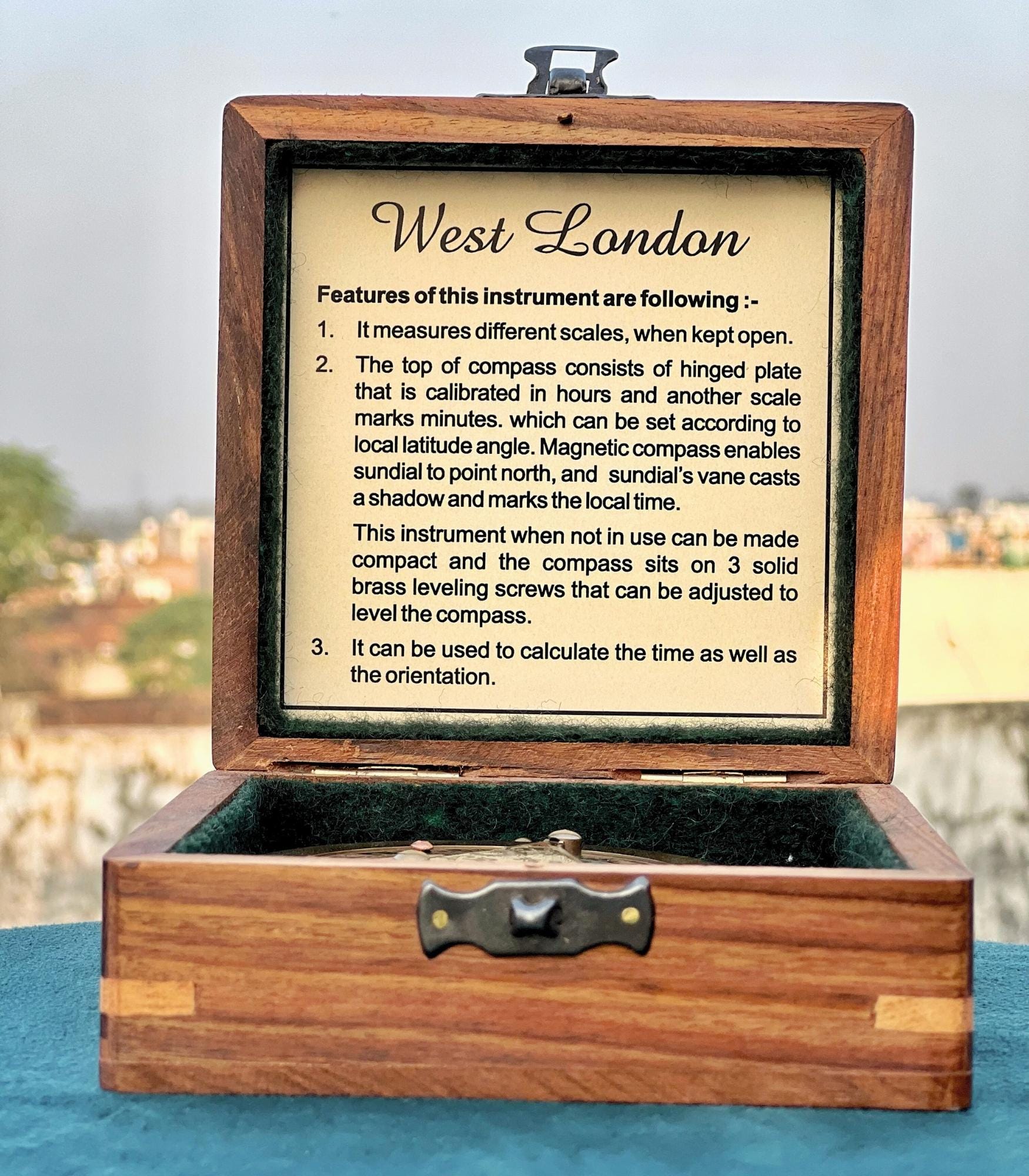 Antique Brass Sundial Compass with Fitted Wooden Presentation Box view 8
