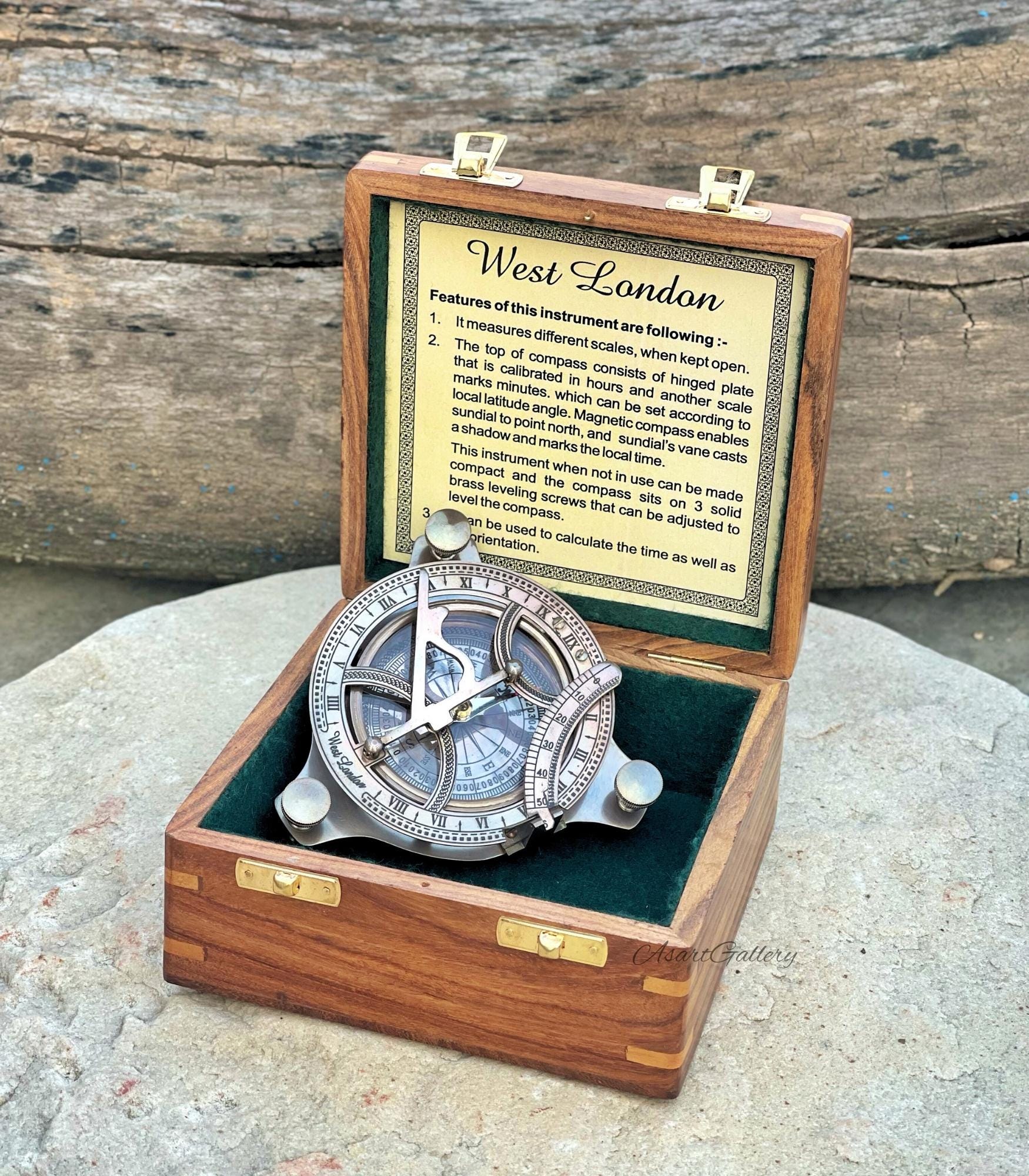 Antique Brass Sundial Compass with Fitted Wooden Presentation Box view 2