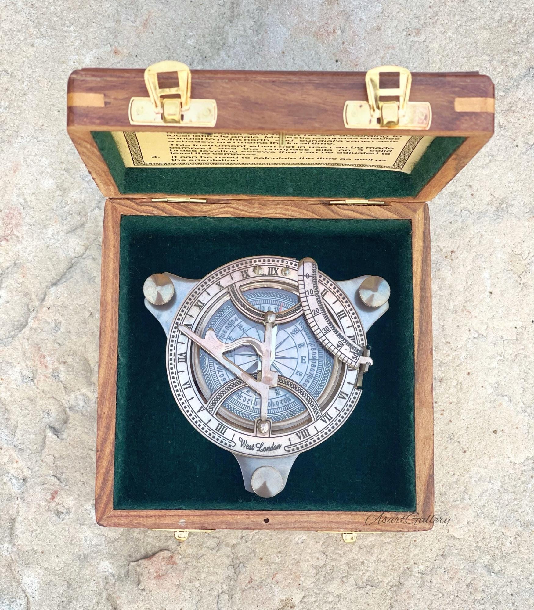 Antique Brass Sundial Compass with Fitted Wooden Presentation Box view 7