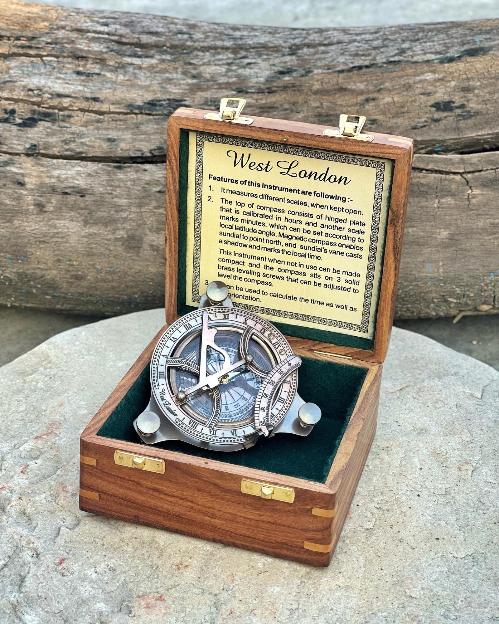 Antique Brass Sundial Compass with Rosewood Presentation Box view 11