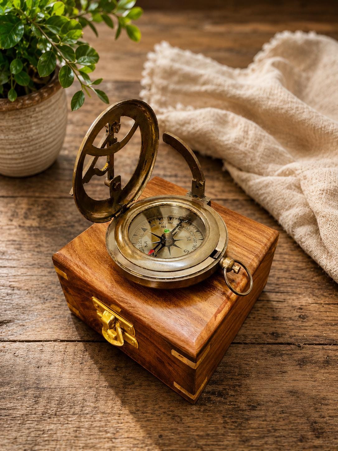 Antique Brass Sundial Compass with Fitted Wooden Presentation Box view 7