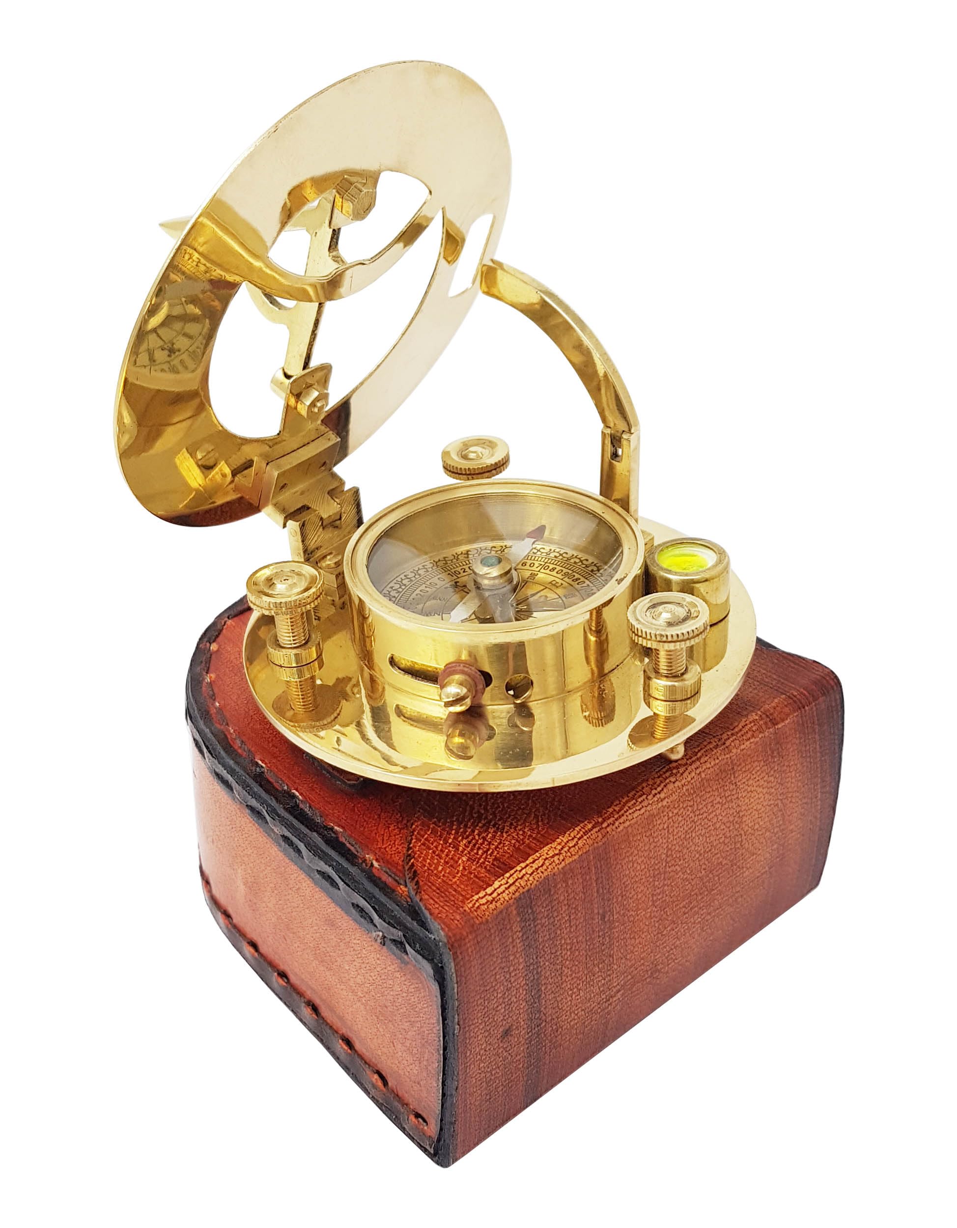 Antique Brass Sundial Compass with Leather Case view 6