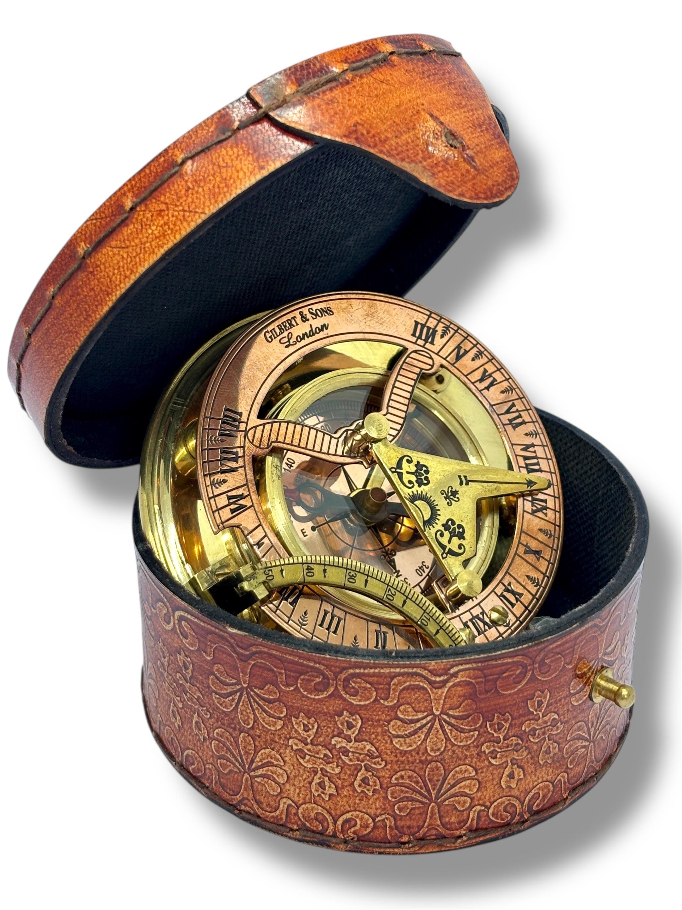 Polished Brass Sundial Compass with Leather Presentation Box view 5