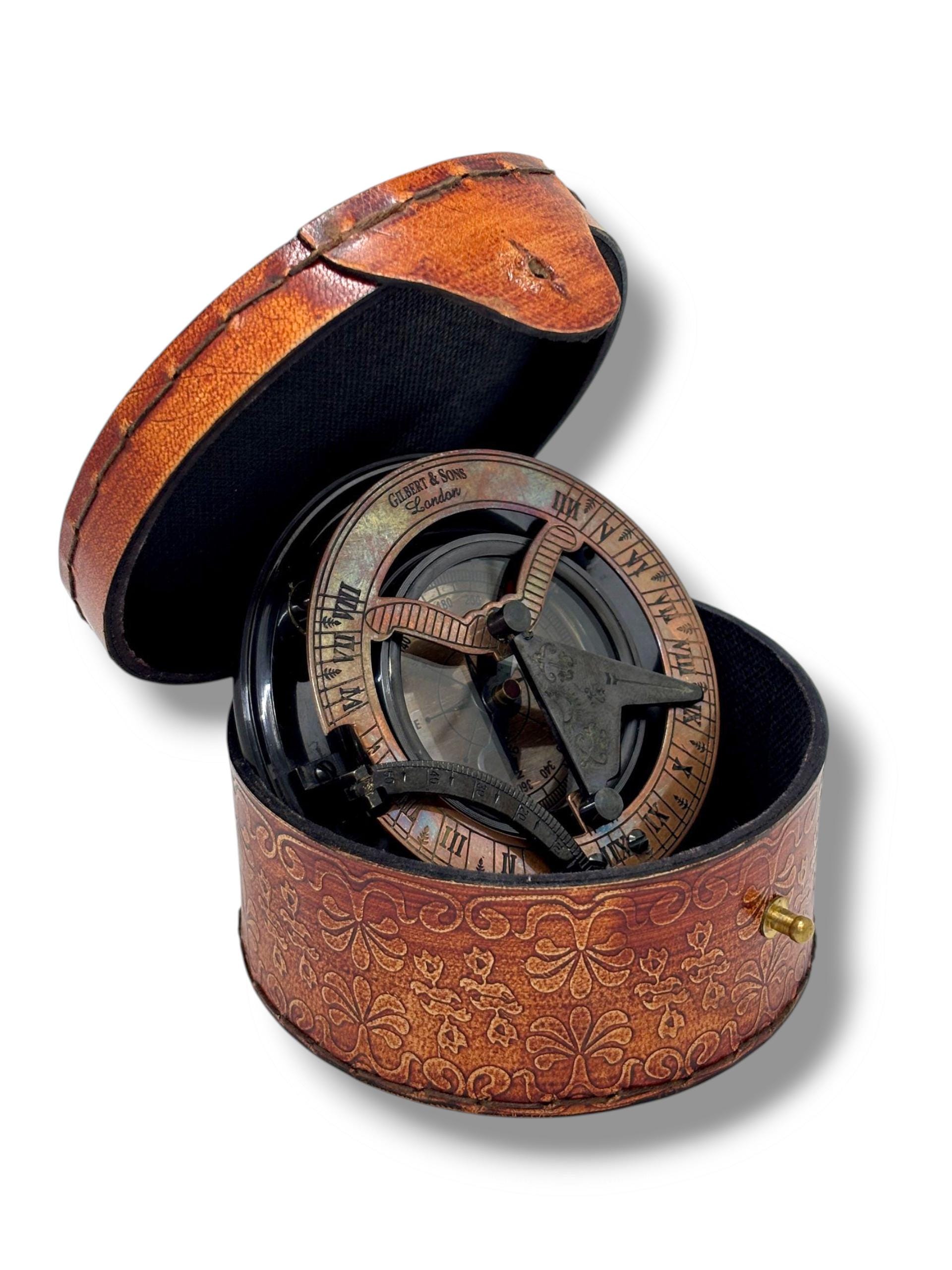 Black Antique Brass Sundial Compass with Leather Presentation Box view 5