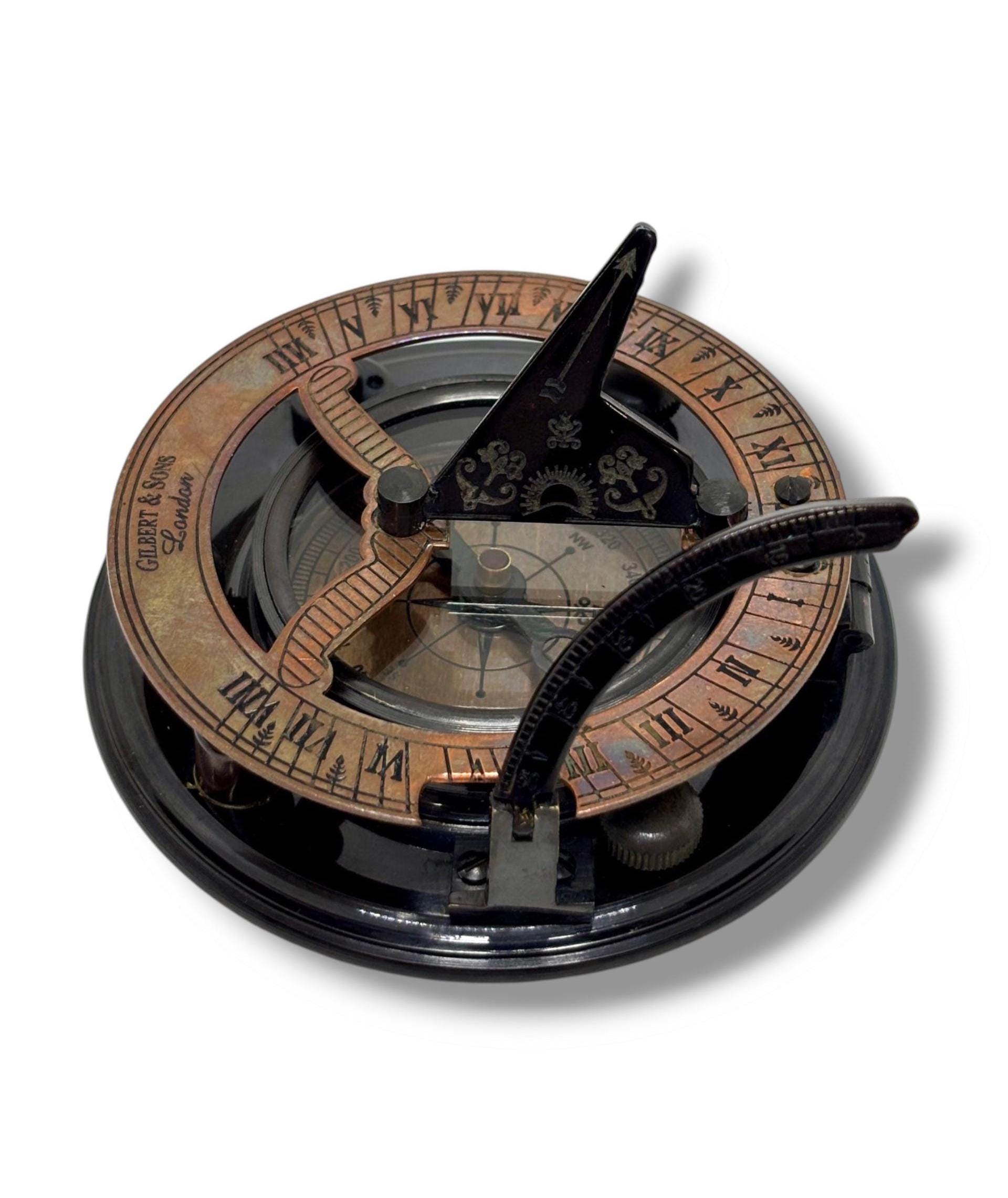 Black Antique Brass Sundial Compass with Leather Presentation Box view 8