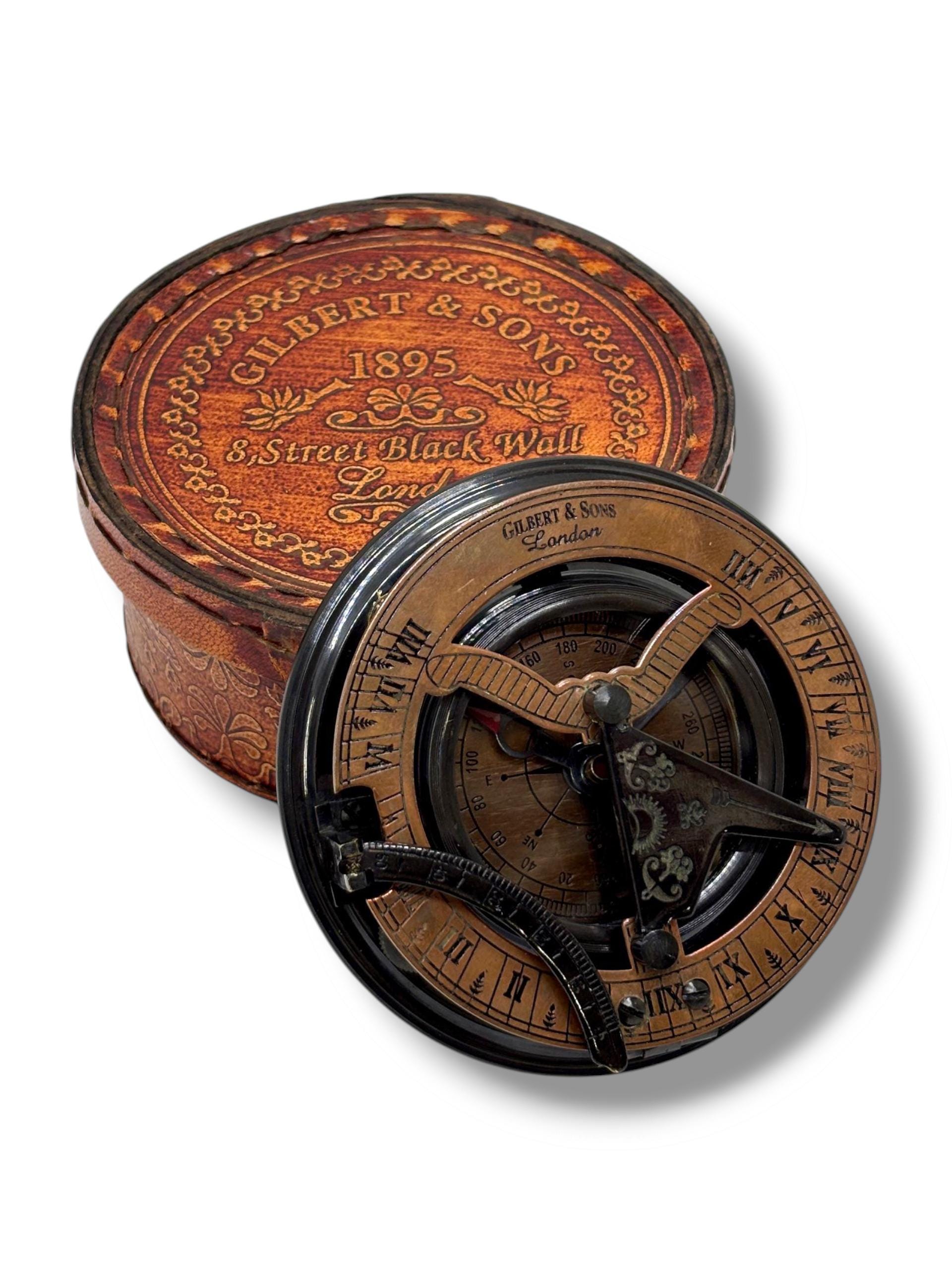 Black Antique Brass Sundial Compass with Leather Presentation Box view 10