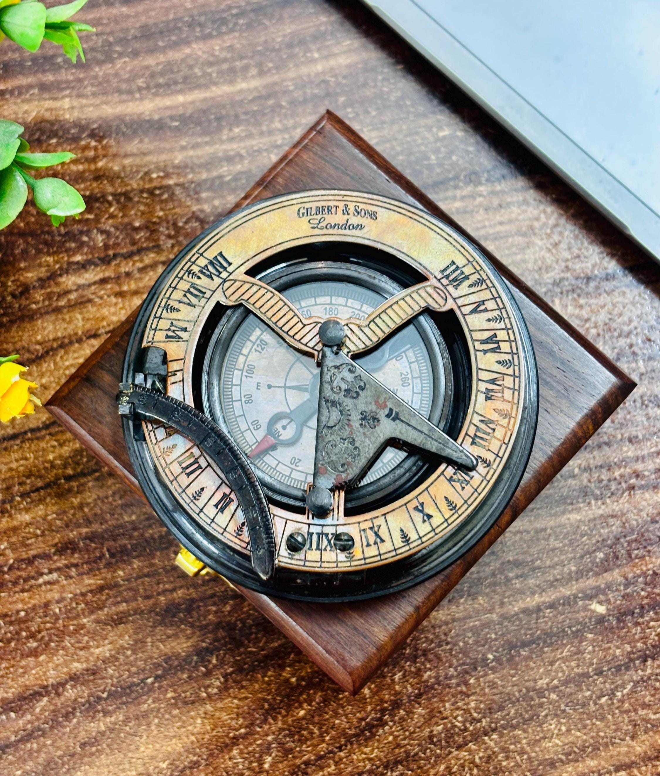 Black Antique Brass Sundial Compass with Leather Presentation Box view 12