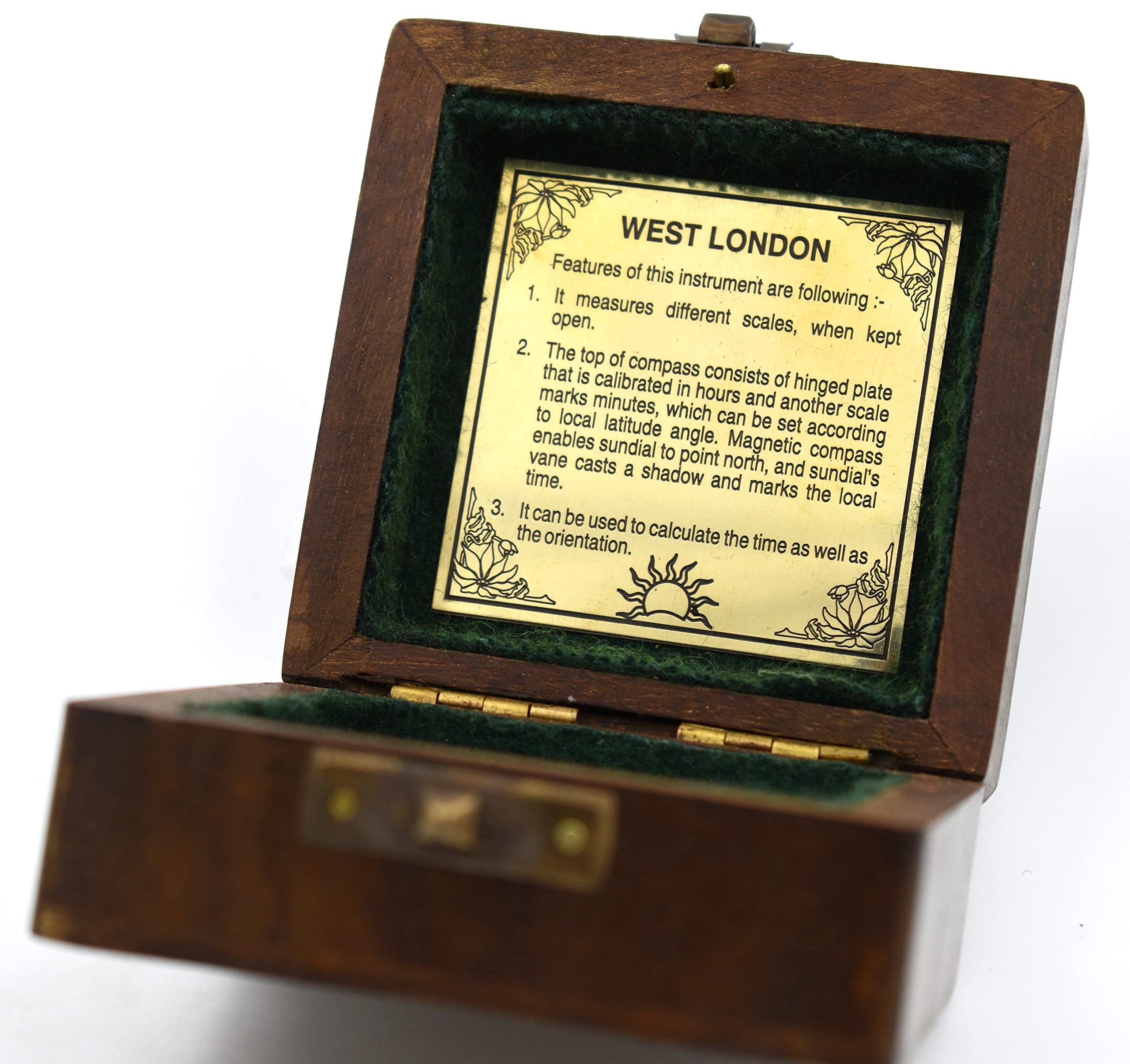 Antique Brass Sundial Compass with Wooden Box view 11