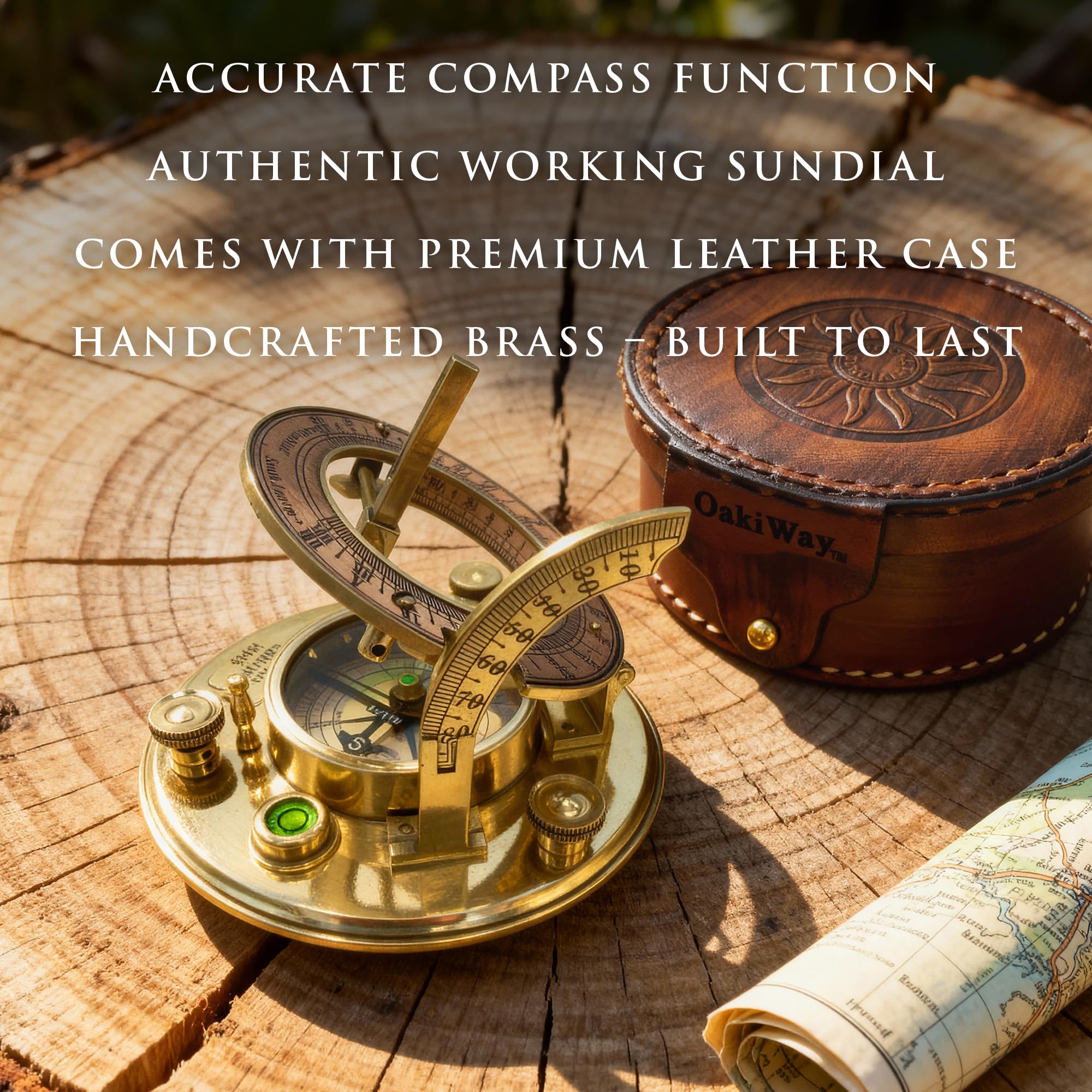 Polished Brass Sundial Compass with Red Leather Round Case view 5