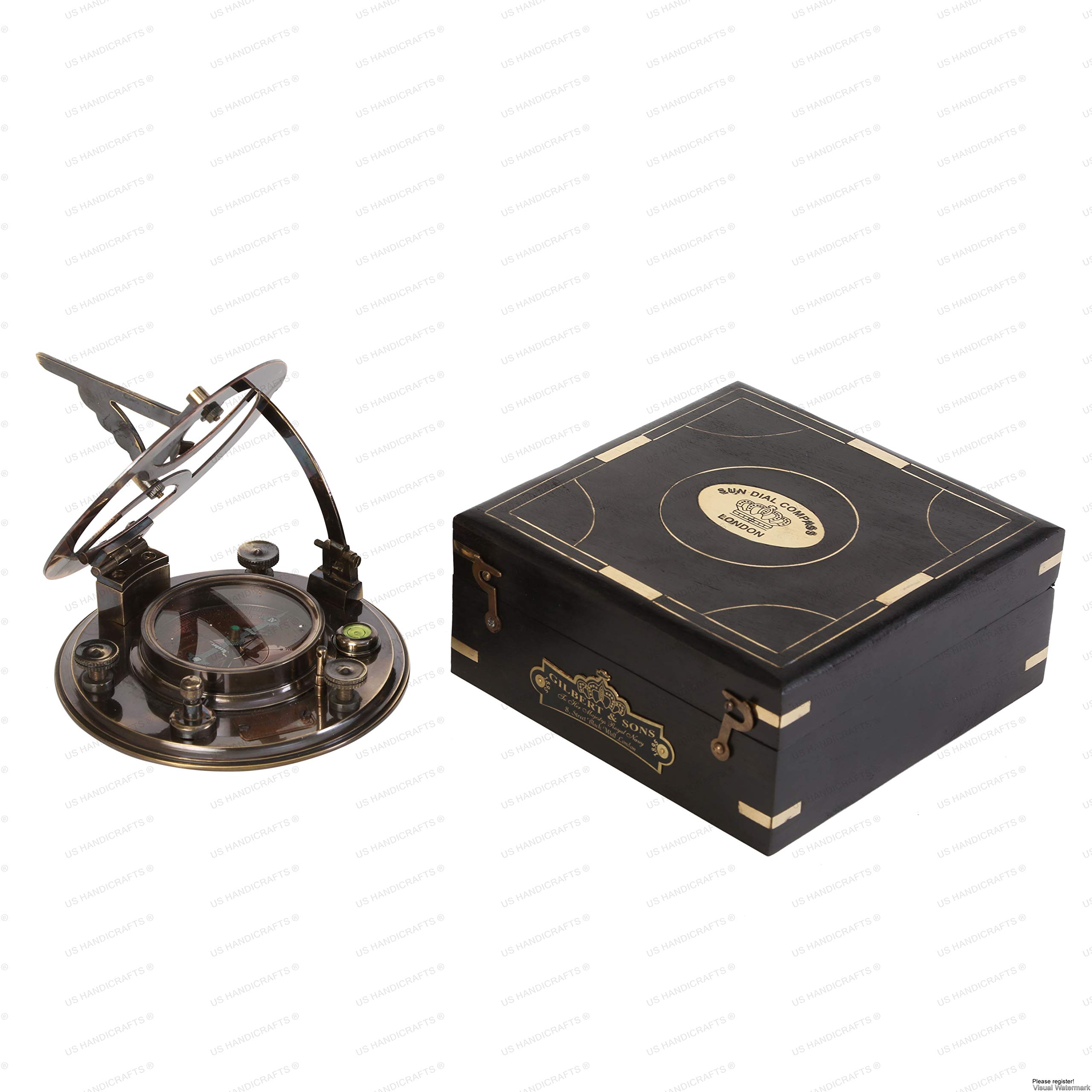 Black Antique Brass Sundial Compass with Black Wooden Presentation Box view 4