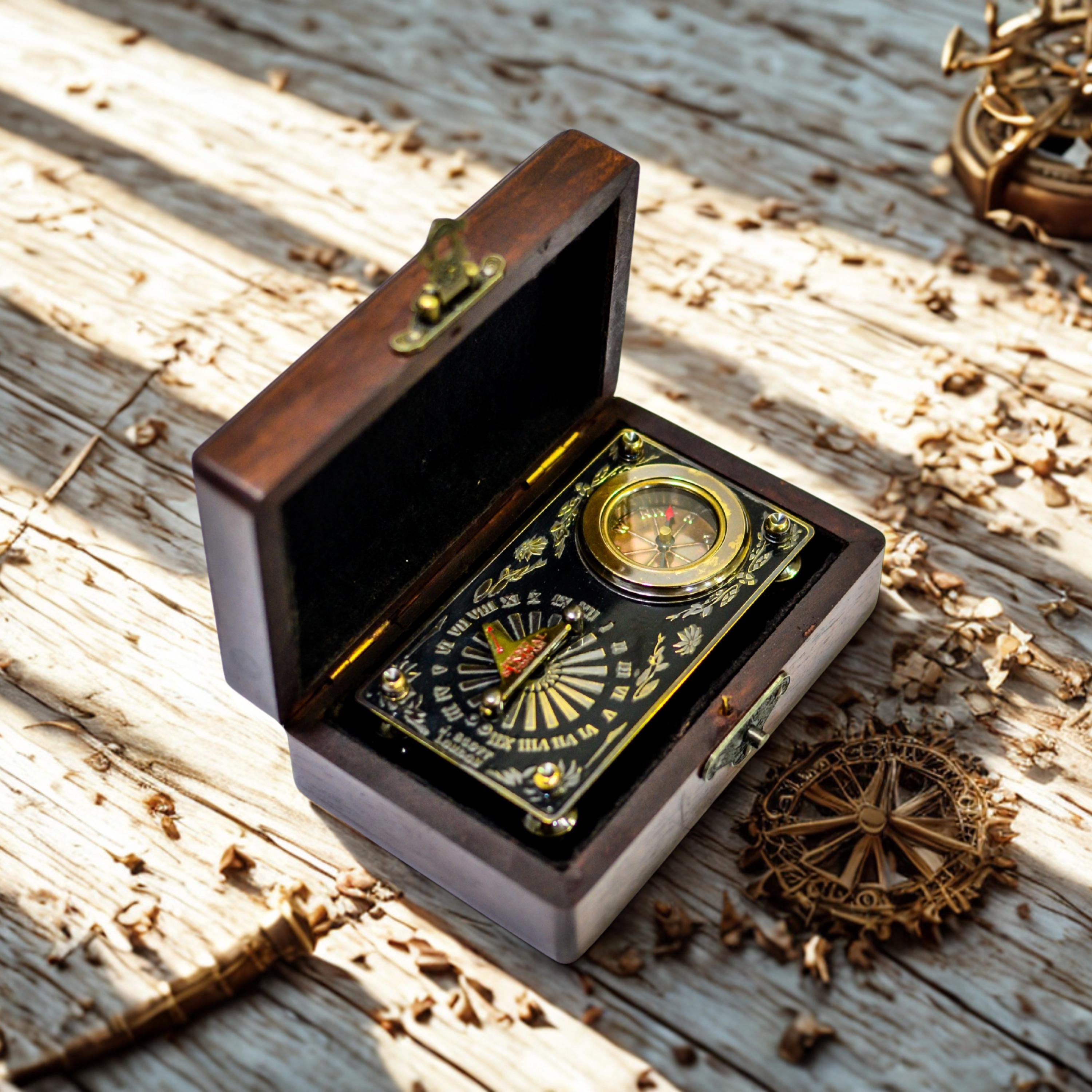 Antique Brass Sundial Compass with Rectangular Rosewood Presentation Box view 2