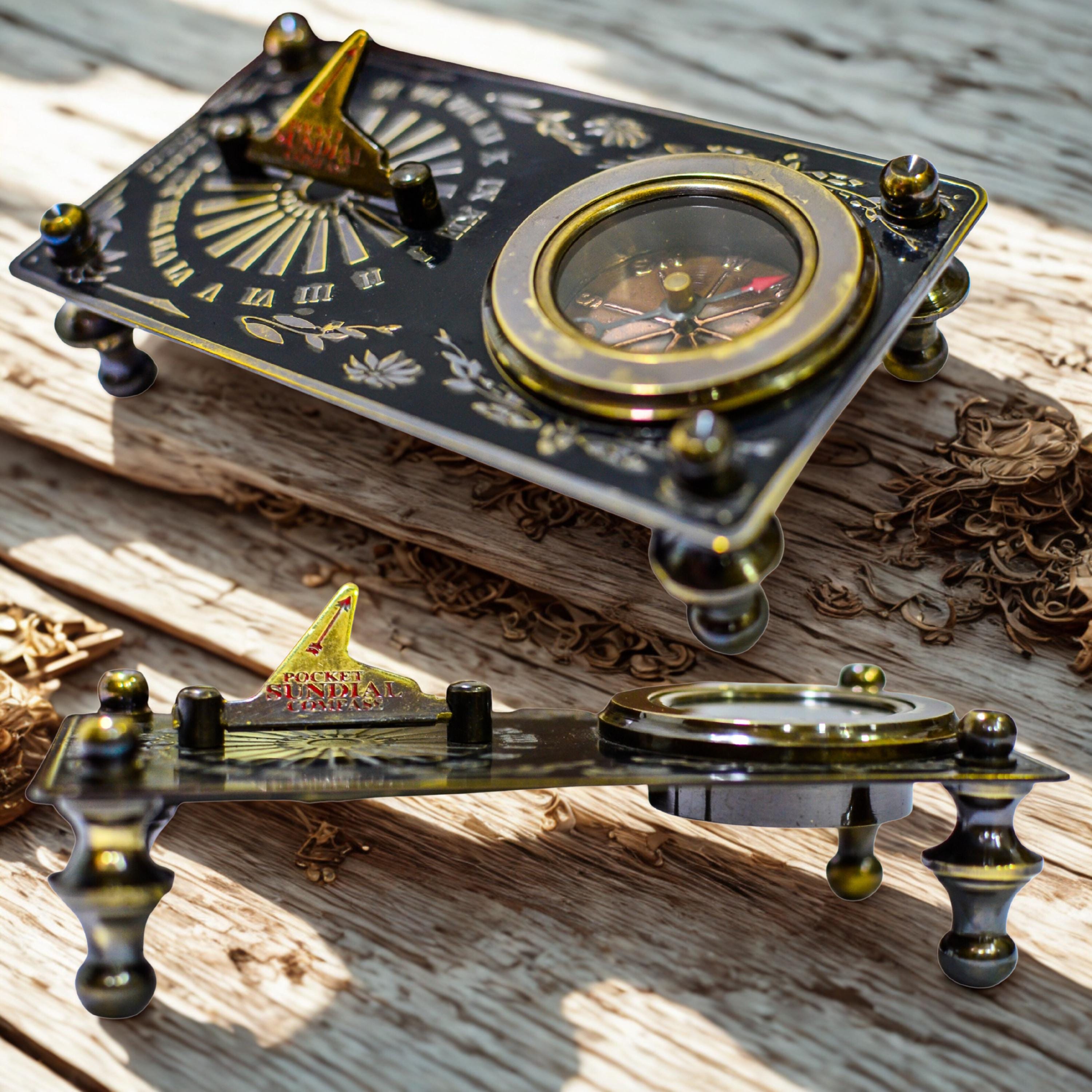 Antique Brass Sundial Compass with Rectangular Rosewood Presentation Box view 3