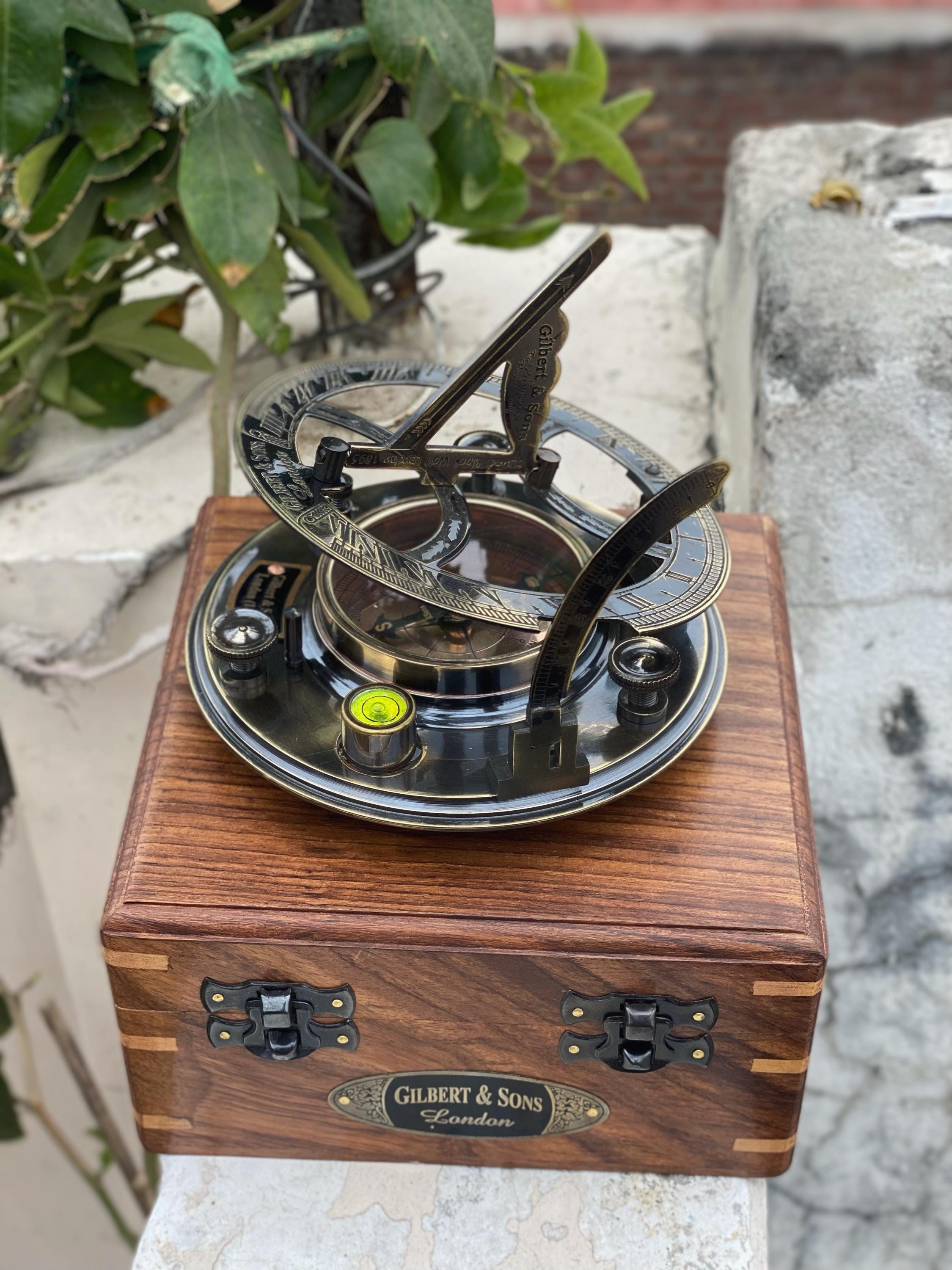 Black Antique Brass Sundial Compass with Rosewood Presentation Box view 9