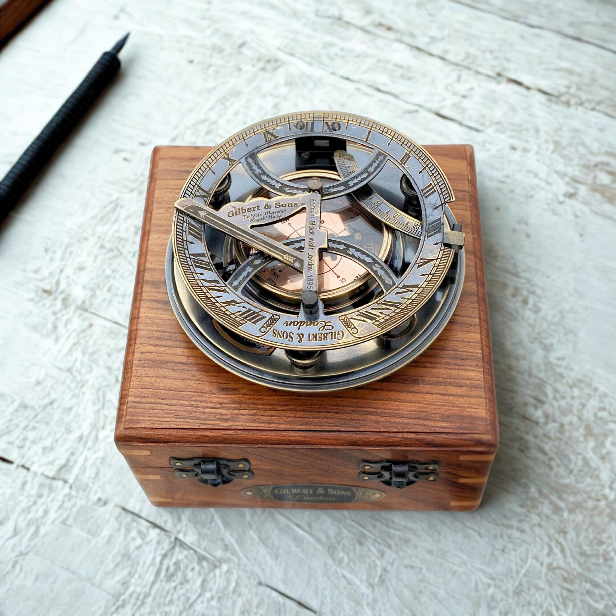 Black Antique Brass Sundial Compass with Rosewood Presentation Box view 16