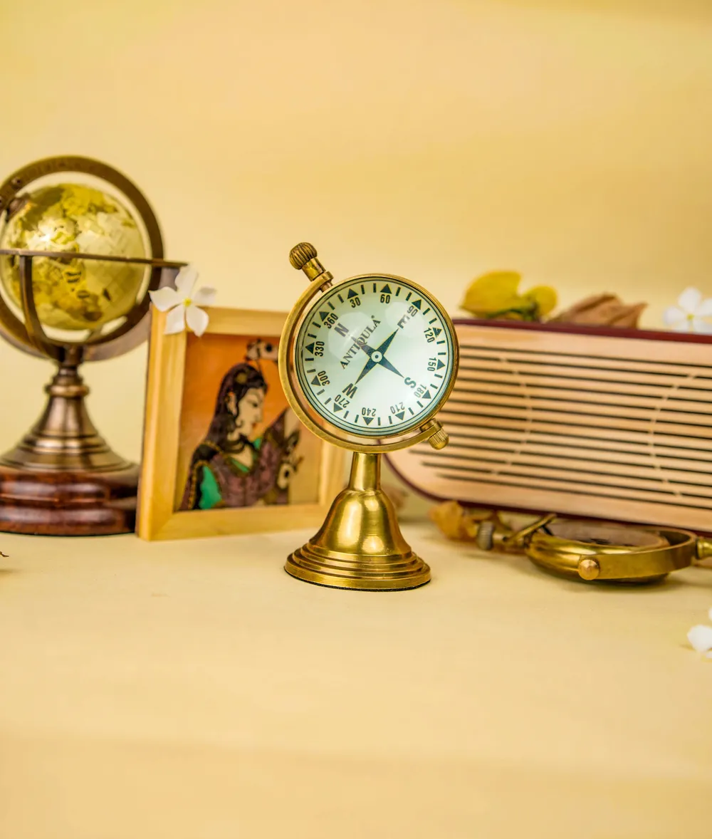Rotating Brass Globe Desk Clock with Compass Dial Back view 3