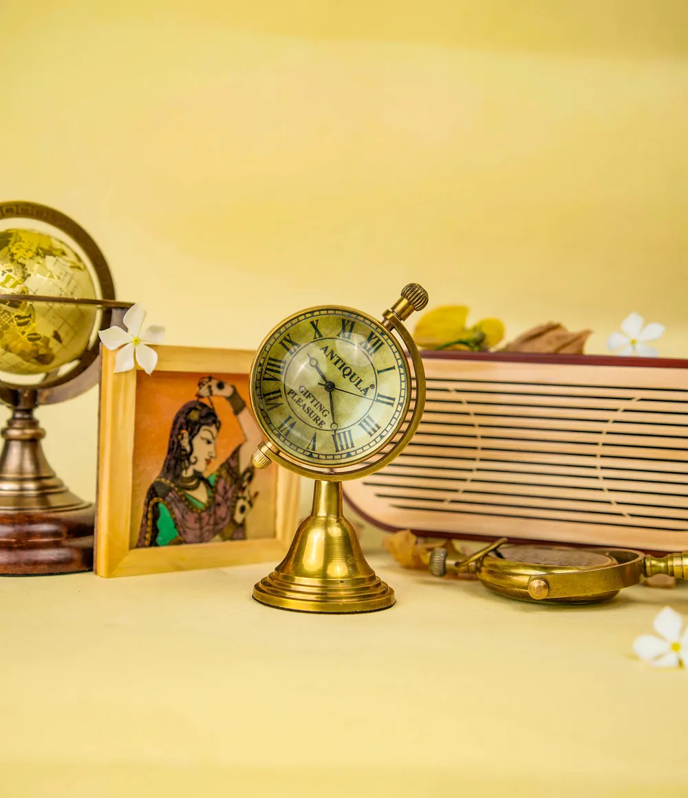 Rotating Brass Globe Desk Clock with Compass Dial Back view 6