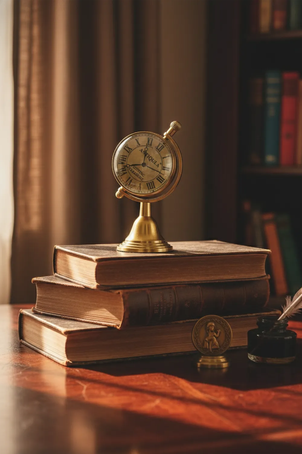 Rotating Brass Globe Desk Clock with Compass Dial Back view 8