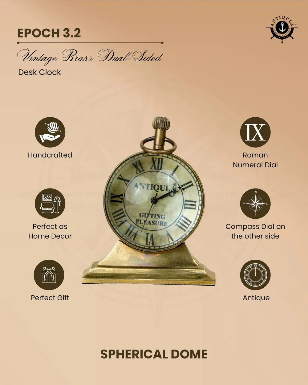 Brass Desk Clock with Compass Dial Back view 5