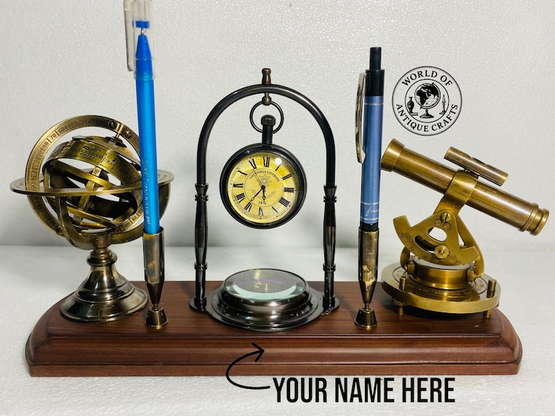 Brass Clock, Armillary Sphere and Alidade Desk Set view 3