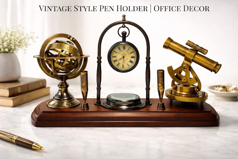 Brass Clock, Armillary Sphere and Alidade Desk Set view 6